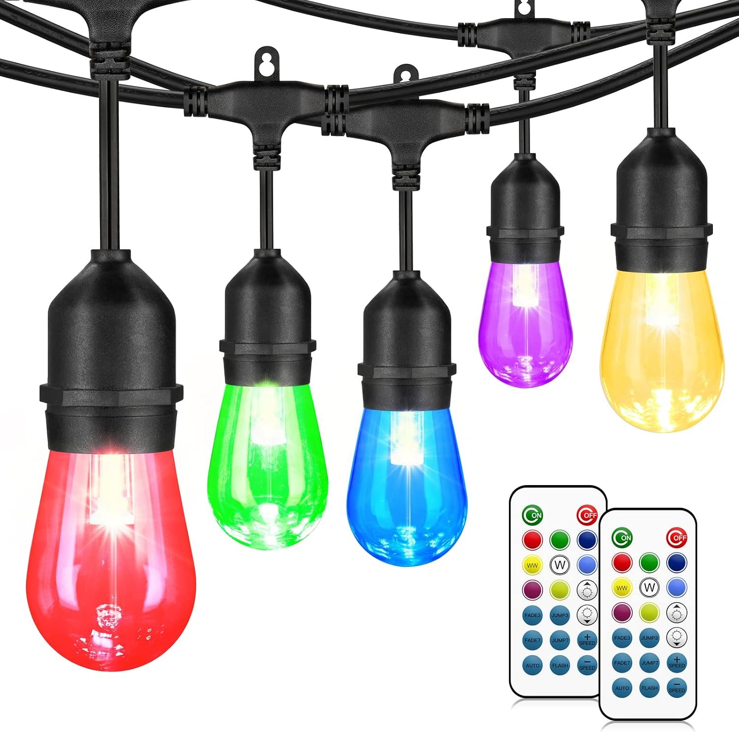 48FT Outdoor Patio RGB Cafe String Lights with Remote, Black | Plug in, 8 Lighting Modes, 15+2 S14 LED Edison Bulbs, Dimmable, Shatterproof, Waterproof, Linkable, for Christmas Party Yard