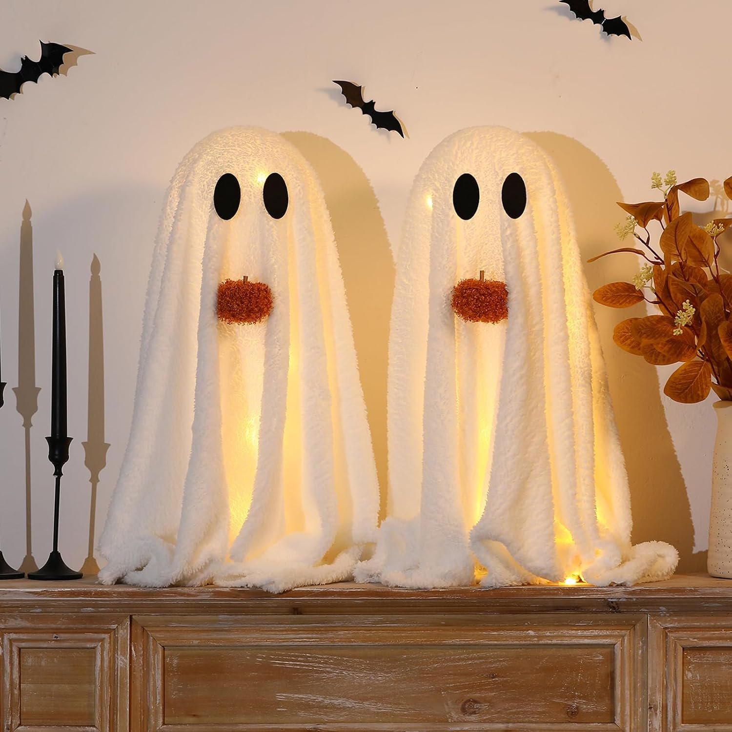 Halloween Decorations-2 Pack Light-Up Sherpa Ghosts with Pumpkin | Halloween Decor Indoor Cute Ghost Decorative Signs Tabletop Decor for Party Home Kitchen and Fireplace