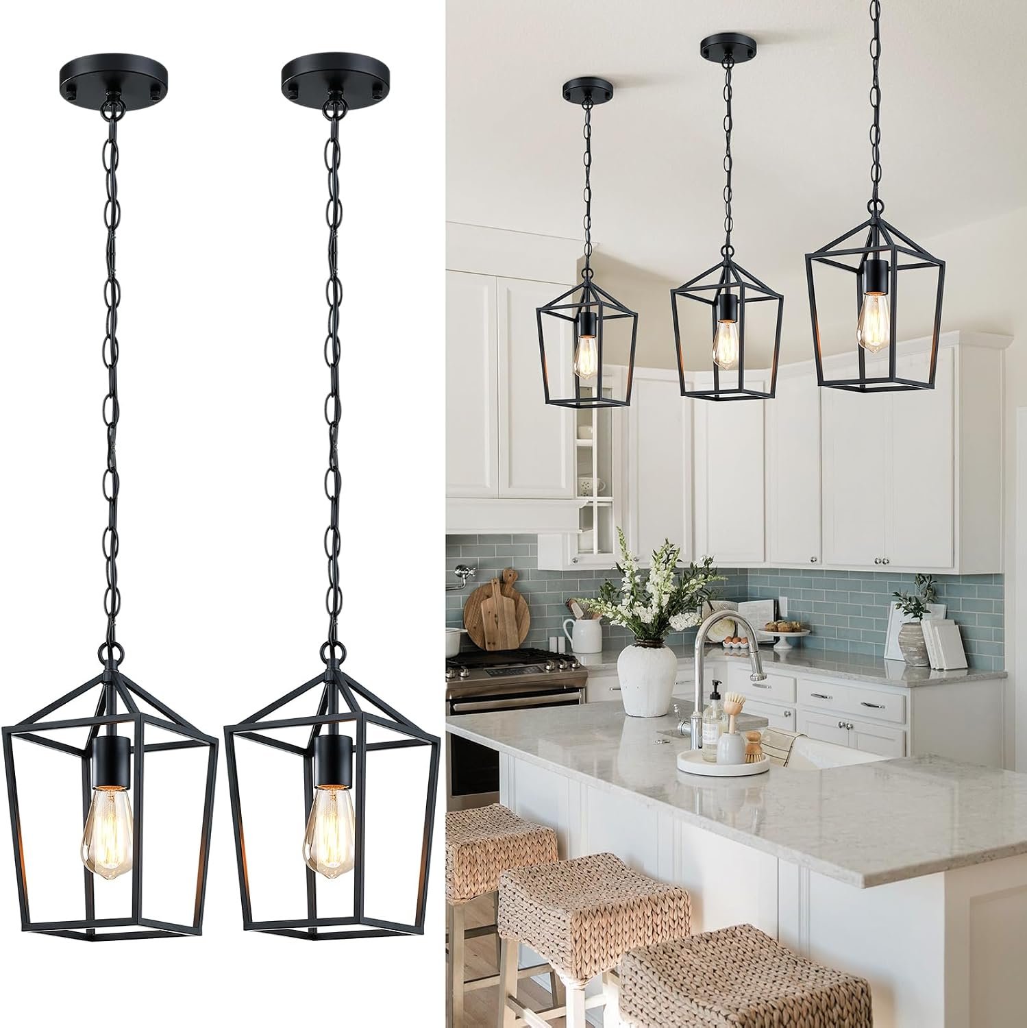 Sheetea 2 Pack Pendant Lights Kitchen Island, Modern Black Light Fixtures | Farmhouse Design, Ceiling Hanging Height Adjustable, Durable Metal, Quick & Easy Installation, Small Pendant Lighting