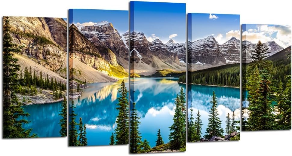 KREATIVE ARTS – 5 Pieces Canvas Prints Wall Art Canada Moraine Lake And Rocky Mountain Landscape Pictures Modern Canvas Painting Giclee Artwork For Home Decoration (Large Size 60x32inch)