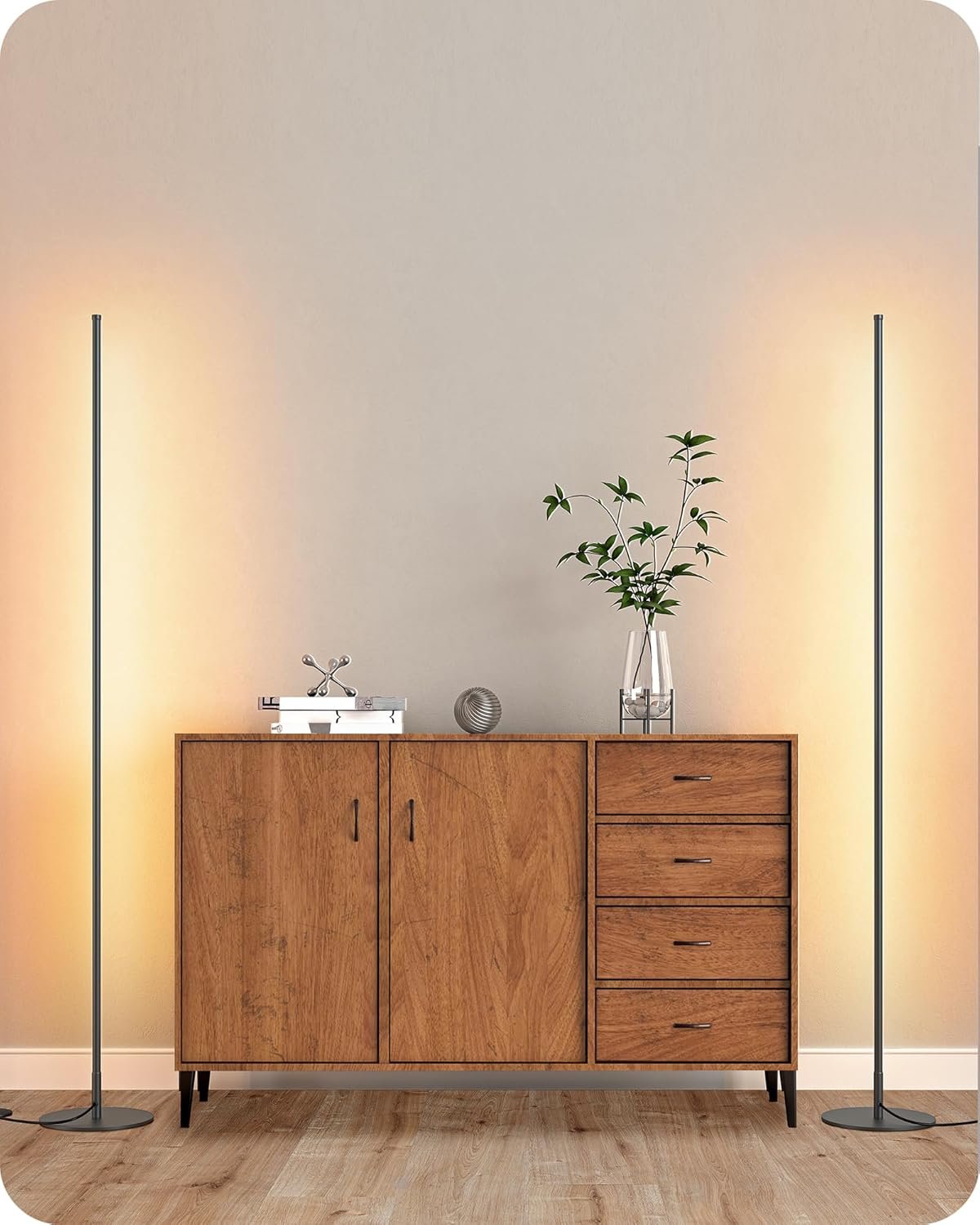 EDISHINE LED Corner Lamp, Set of 2 Minimalist Dimmable Tall Light with Remote, 57.5″ Floor Lamps for Living Room, Bedroom, Home Office, 7 Color Temperature 2700-6000K (Black)