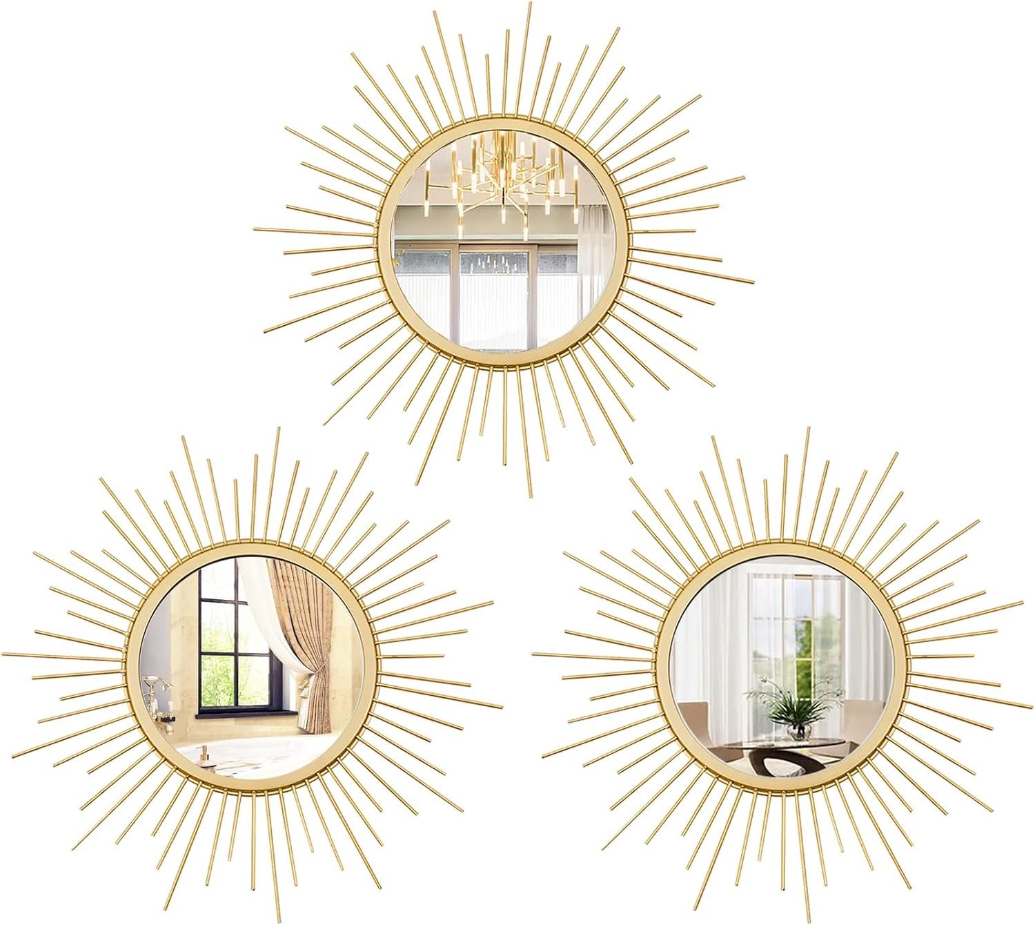 3 Set Sunburst Mirrors for Wall Decor Living Room Bedroom Bathroom Dining Room Metal Boho Sunburst Wall Mirror Set Gold Metal Vintage Circle Art Pack – Gold 11.8 in