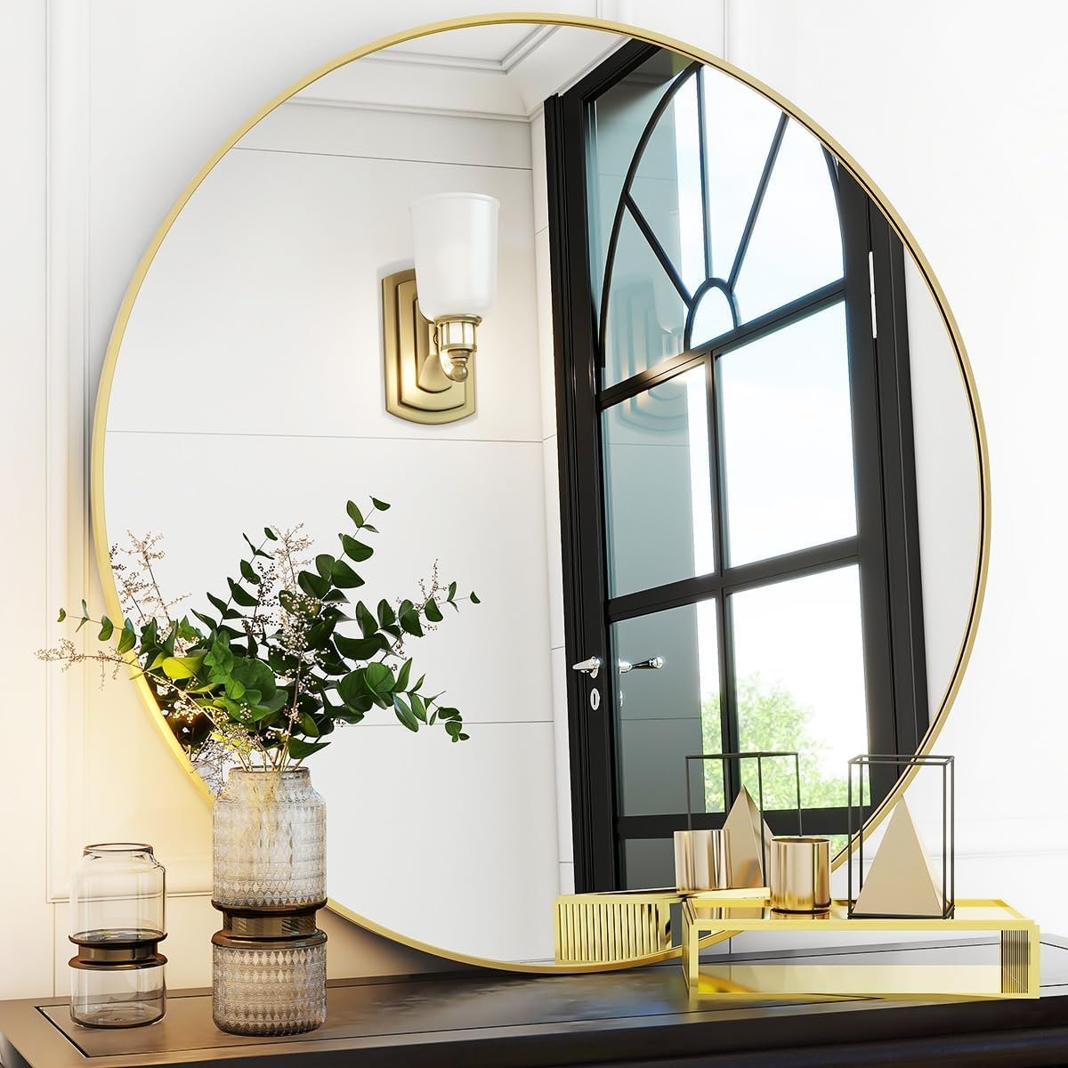 Gold Round Bathroom Mirror 30″, Thin Metal Frame Wall Mirror | Circle Vanity Mirror for Over Sink, Hanging or Leaning Decor for Hallway, Entryway, Fireplace Mantel, Living Room