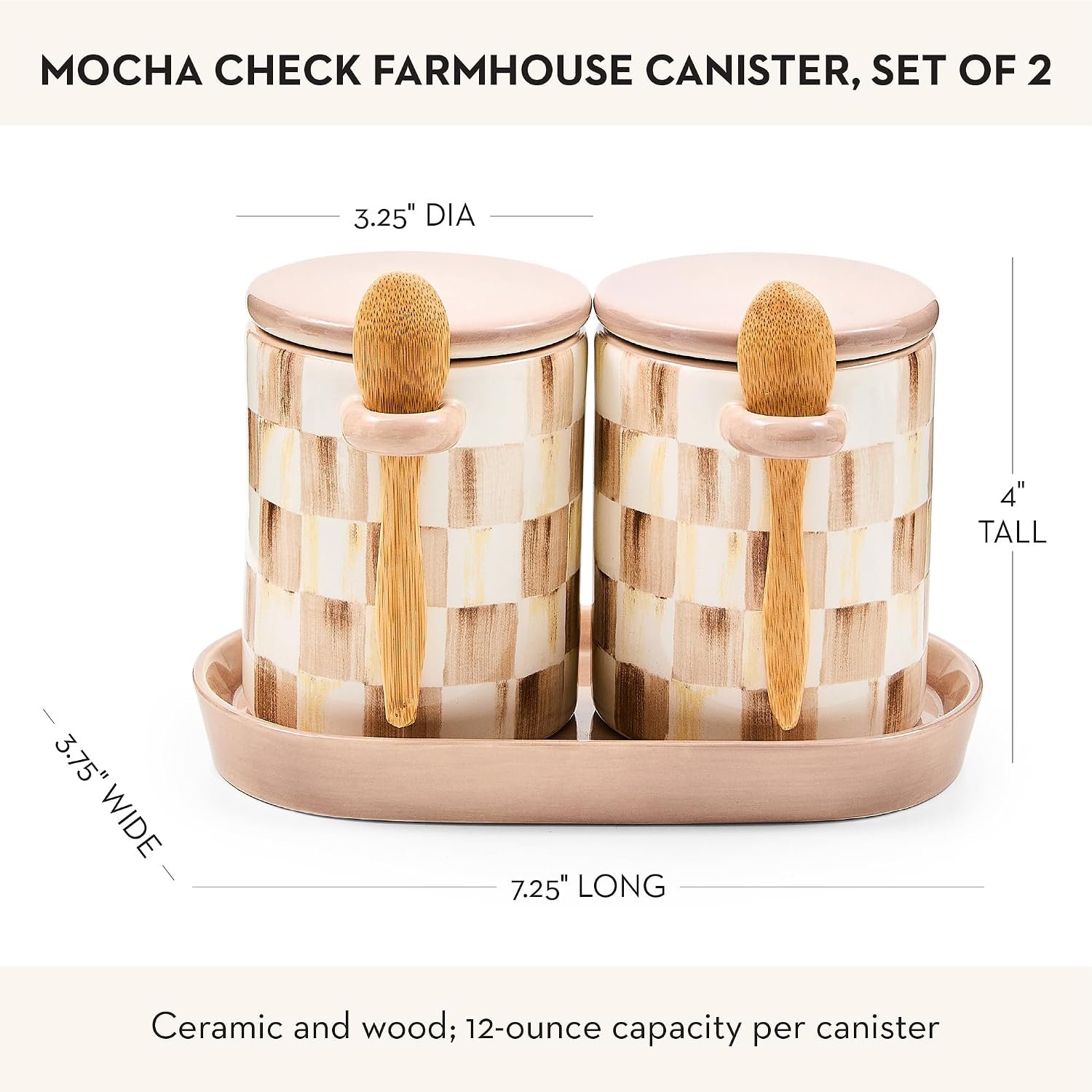 MACKENZIE-CHILDS Farmhouse Canister Set, Brown-and-White Mocha Check | Hand-applied design, made from ceramic, set with 2 canisters and 4-inch spoons, 12-ounce capacity per canister