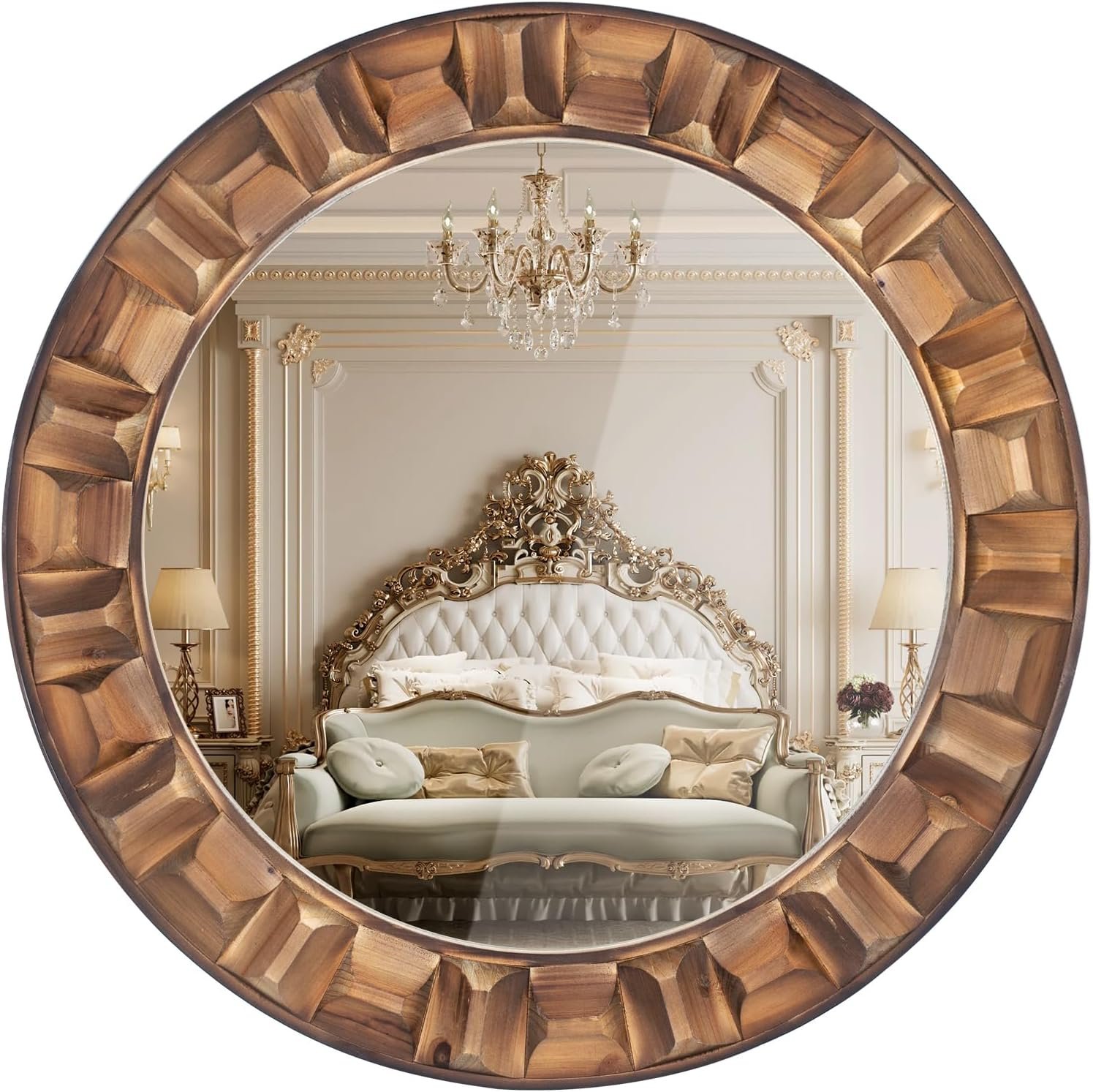 36 Inch Large Round Solid Wood Wall Mirror | Rustic Farmhouse Dark Brown Wooden Circle Mirror for Bathroom, Living Room, Entryway & Wall Decor