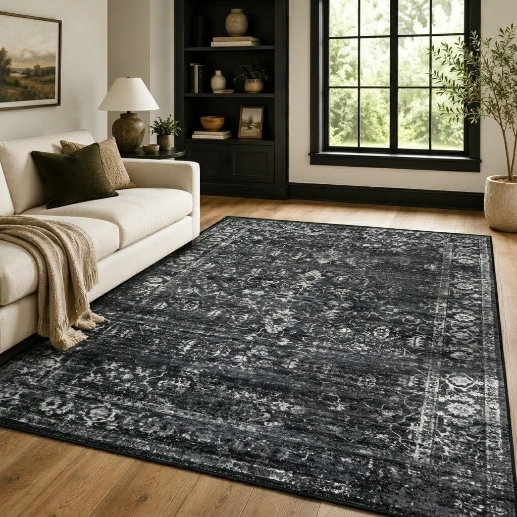 Lahome Margot Vintage 5×7 Area Rugs – Washable Non-Slip Boho Living Room Rugs for Under Table, Black Low Profile Soft Faux Wool for Bedroom, Dinning Room, Nursery, Playroom