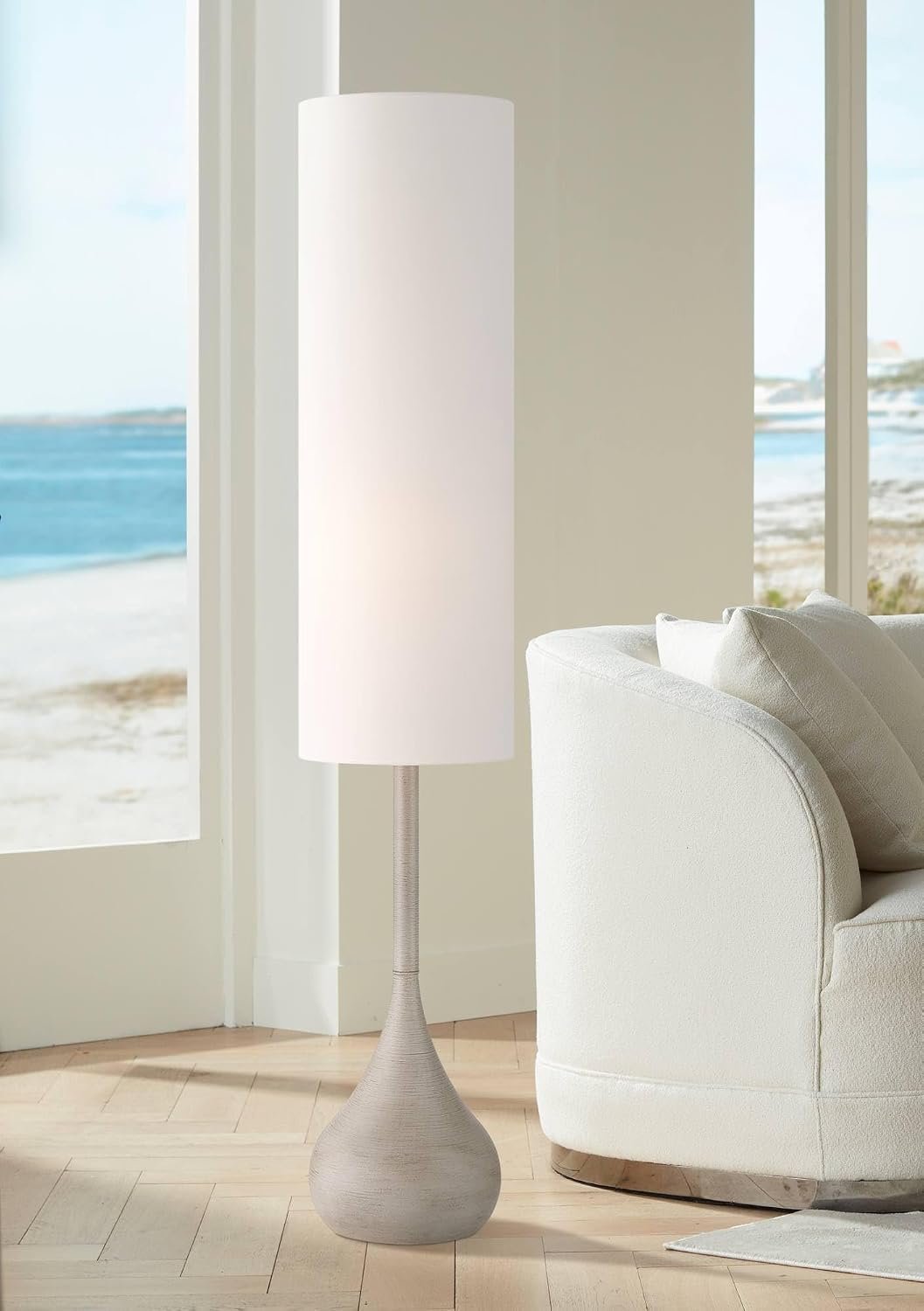 Possini Euro Design Moderne Droplet 62″ Tall Natural Gray Floor Lamp | Mid Century Modern Standing Foot Switch Metal Living Room Bedroom House Reading Office Home Decor Entryway White Drum Shade
