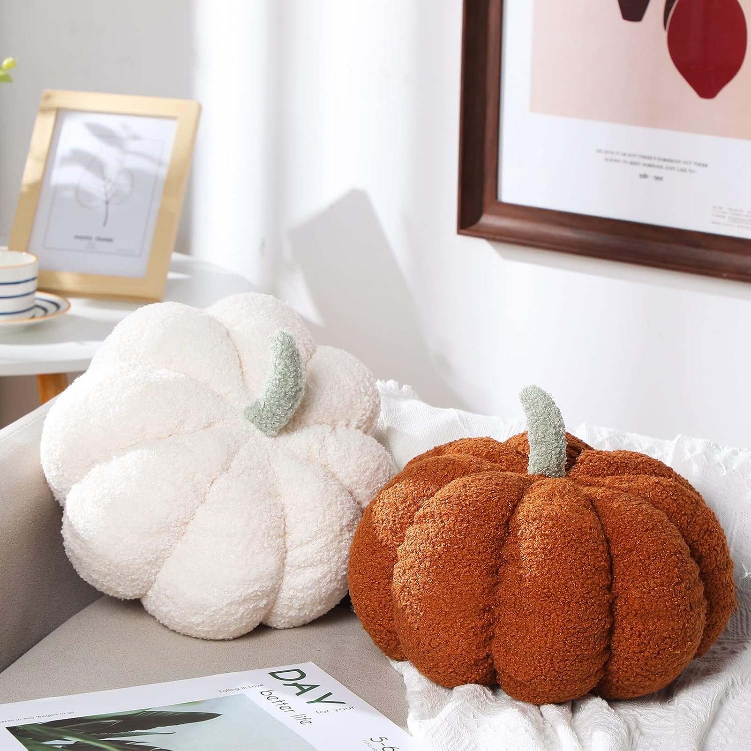 Kajaia 2 Pcs 3D Pumpkin Pillow Fall Decor Cushions,White, Brown | 11 x 9.5 Inch Stuffed Fall Throw Pillows, Room & Bedroom Home Decor for Fall Halloween Thanksgiving Sofa Couch