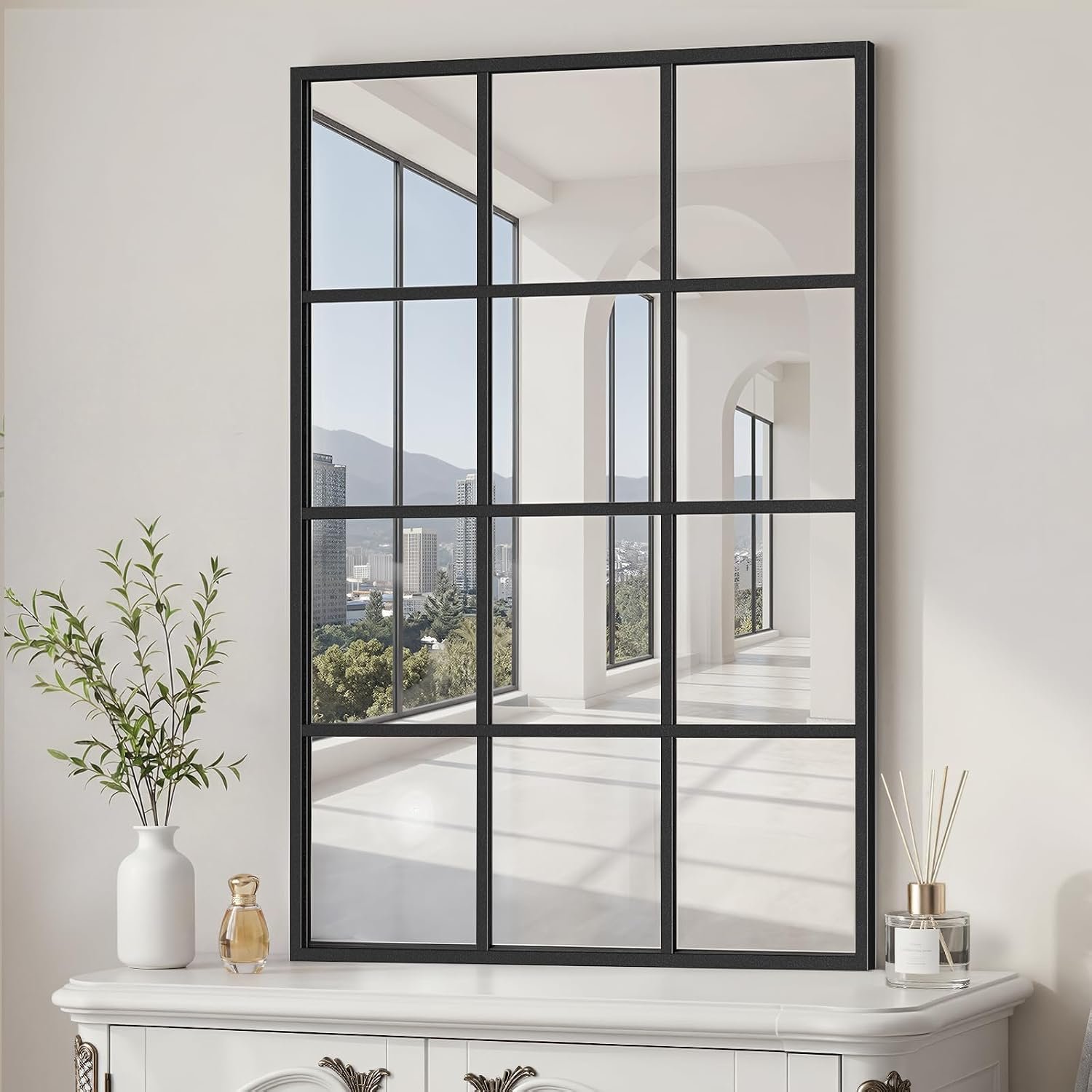 Windowpane Mirror, 38×26 Black Metal Framed Window Wall Mirror | Grid-Designed Metal Frame Home Wall Decor, Wall-Mounted, for Bedroom, Bathroom, Living Room, Entryway, Hallway, Dining Room
