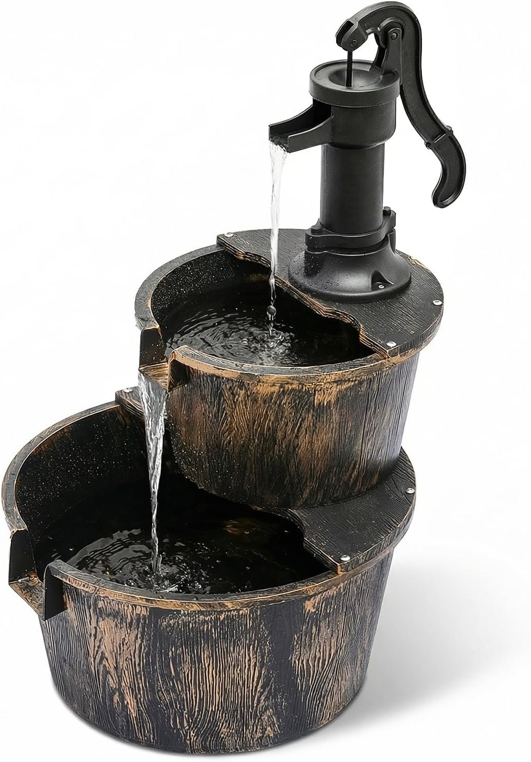 Magshion 2-Tier Rustic Barrel Water Fountain Outdoor, 27″ Tall, Bronze | Soothing Cascading Waterfall Flow, w/ Electric Pump, Water Features for Garden, Patio, Deck, Yard, Porch