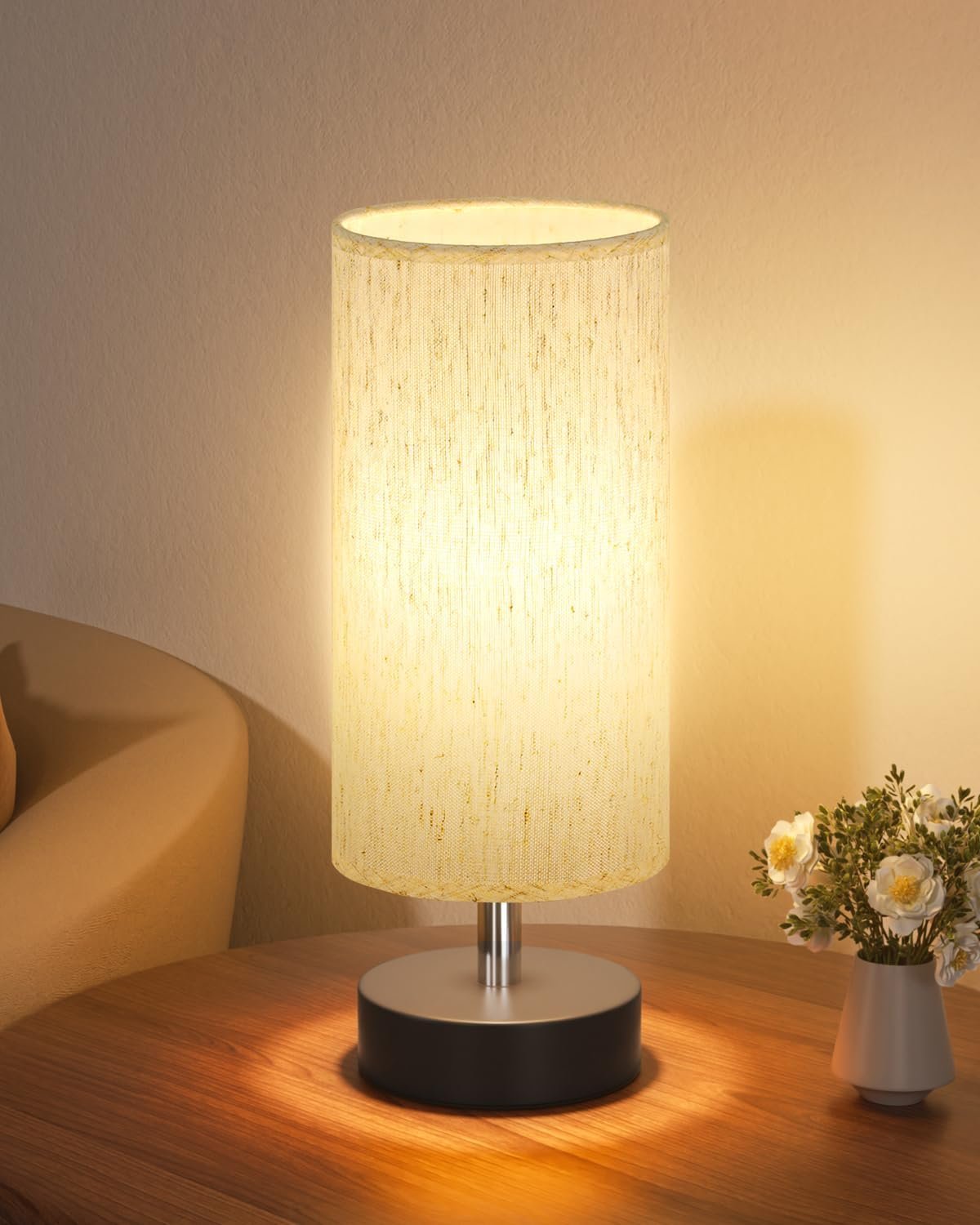 PartageiZ Small Table Lamp for Bedroom – Bedside Lamps for Night Stands | Bulb not Included | Minimalist Desk Lamp | Linen Fabric Shade | for Living Room | for Dorm | 11.6″ Inline Control