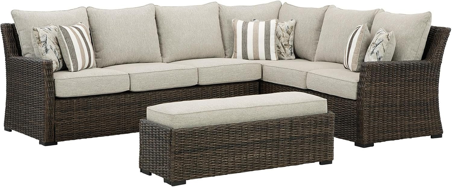 Signature Design by Ashley 3-Piece Patio Sectional with Bench, Brown | Rust-free aluminum frame, Resin wicker L-shape couch, Stain-resistant Nuvella+ cushions, Matching bench, Brook Ranch