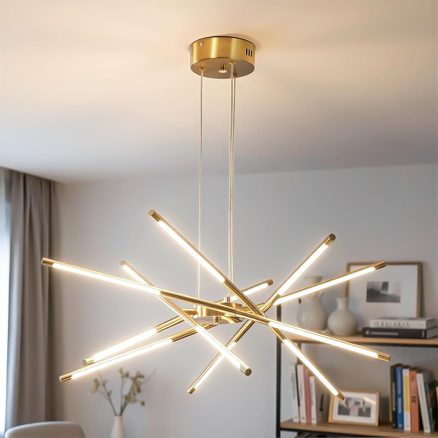 Modern Gold Chandelier, 12-Light LED Linear Pendant Light Fixture, Dimmable Gold Chandeliers for Dining Room, Living Room, Bedroom, Kitchen Island