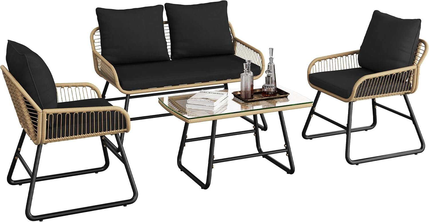 Yaheetech 4 Piece Patio Furniture Set, Outdoor Wicker Conversation Sets, Boho Loveseat & 2 Armchairs with Cushion and Pillow, Glass Top Table for Backyard, Porch, Balcony, Deck – Tan/Black | Outdoor Boho Loveseat & 2 Armchairs with Cushion and Pillow, Glass Top Table for Backyard, Porch, Balcony, Deck