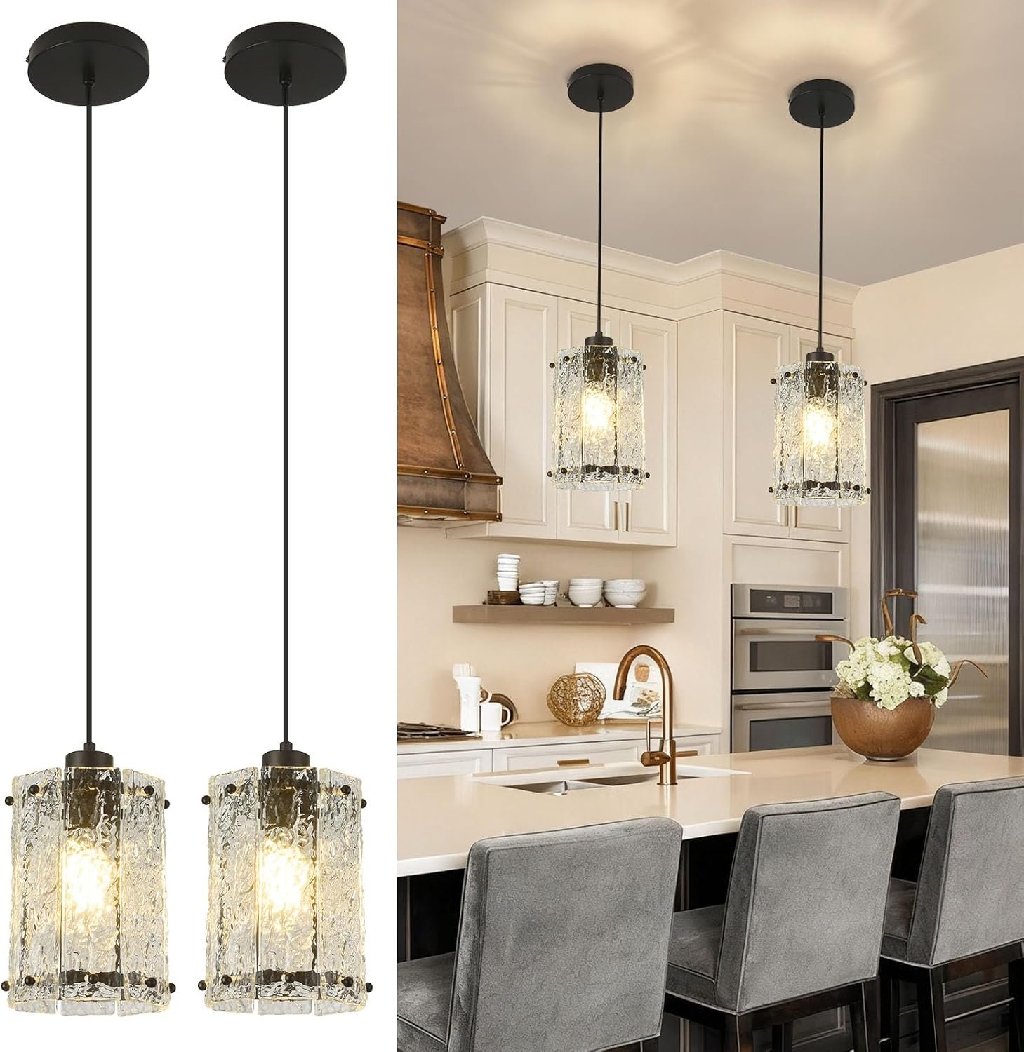 Black Pendant Lights Kitchen Island 2 Pack Modern Water Ripple Glass Pendant Lights Fixtures Round Adjustable Hanging Pendant Lighting for Kitchen Island Dining Room Over Sink Table Entryway
