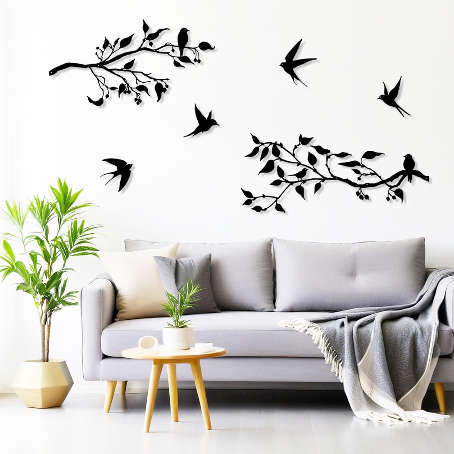 Harikikochuu 4 Pieces Large Birds on Branch Metal Wall Art Decor Swallow Outdoor Wall Art Black Leaves with Birds Silhouette Hanging Wall Sculpture for Balcony Garden Patio Decor (Black)