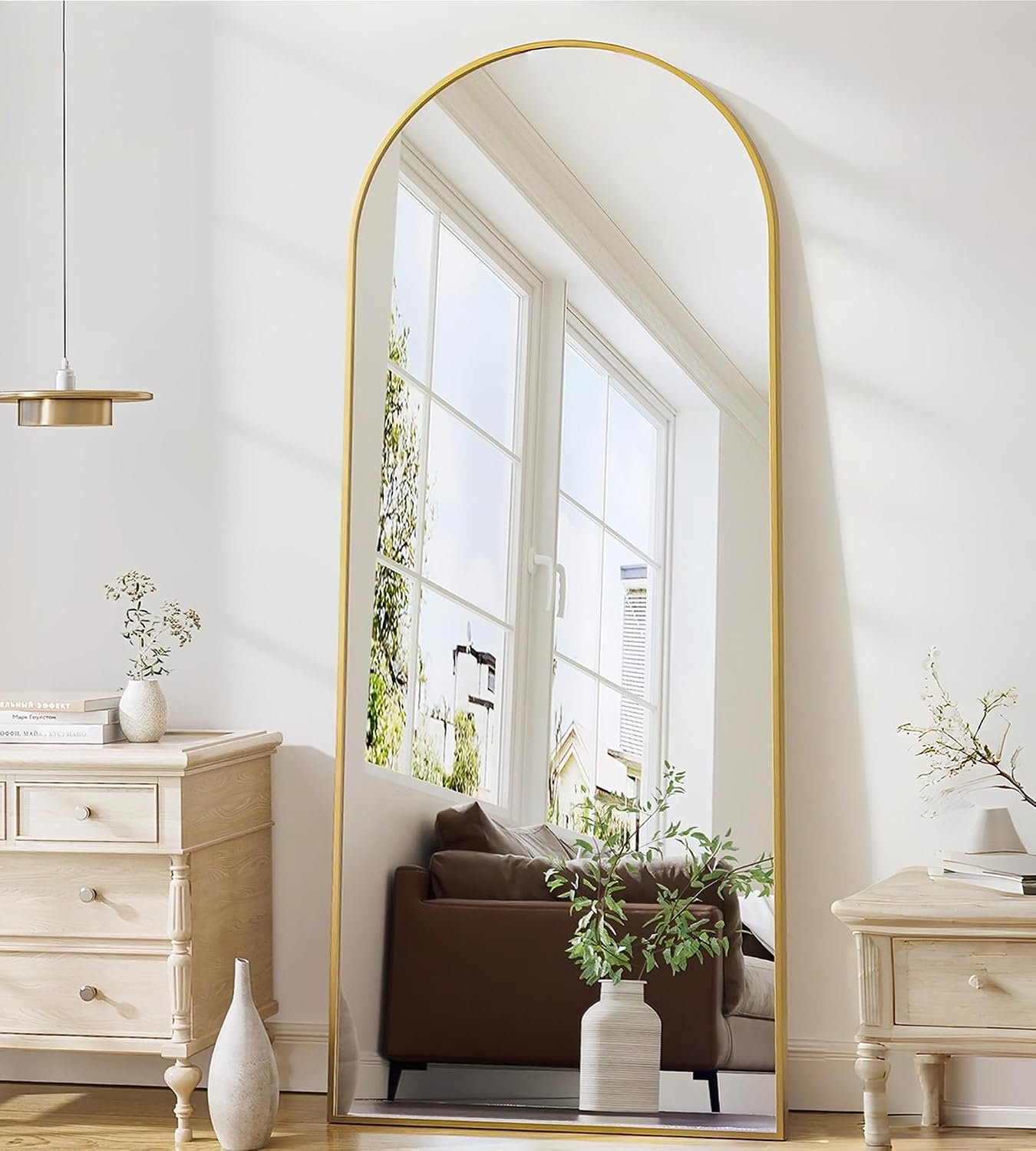 Mirror Full Length, 71″x26″ Arched Full Length Mirror, Arch Mirror with Stand, Large Standing Mirrors, Oversized Full Body Mirrors with Aluminum Frame for Bedroom, Living Room (Gold)