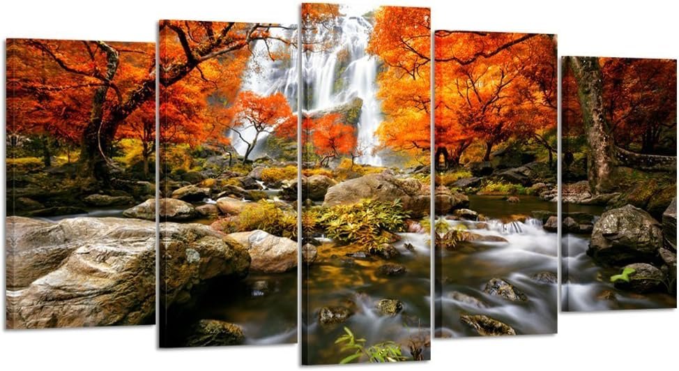 KREATIVE ARTS – Autumn Forest Waterfalls 5 Piece Modern Wrapped Giclee Canvas Prints Artwork Landscape Tree Paintings Pictures on Canvas Wall Art for Living Room (Large Size 60x32inch)