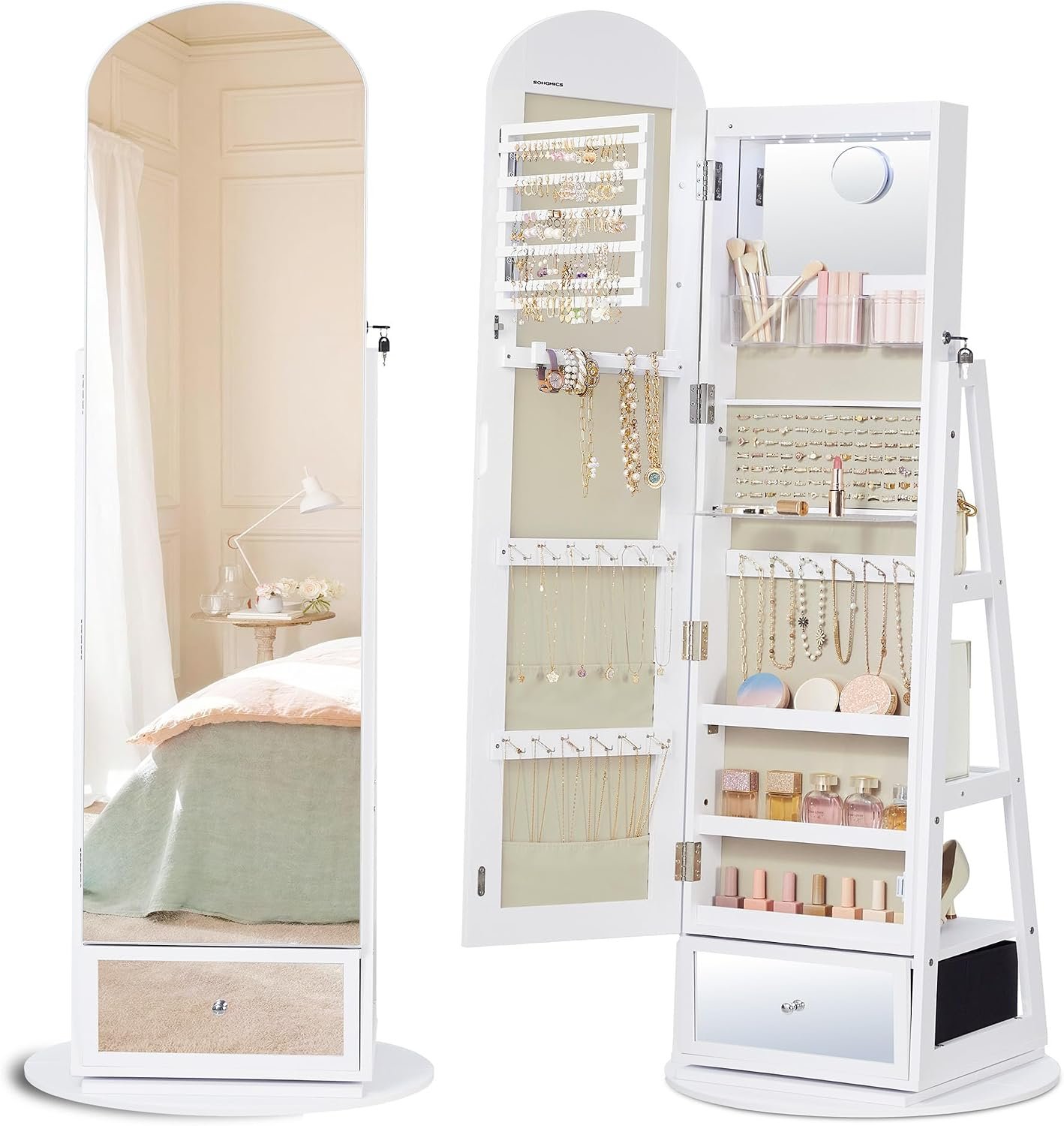 SONGMICS 360° Swivel Jewelry Cabinet, Full-Length Arched Mirror with LED Lights, Magnifying Mirror, Storage Shelves, Drawer, Cloud White UJJC030WB01