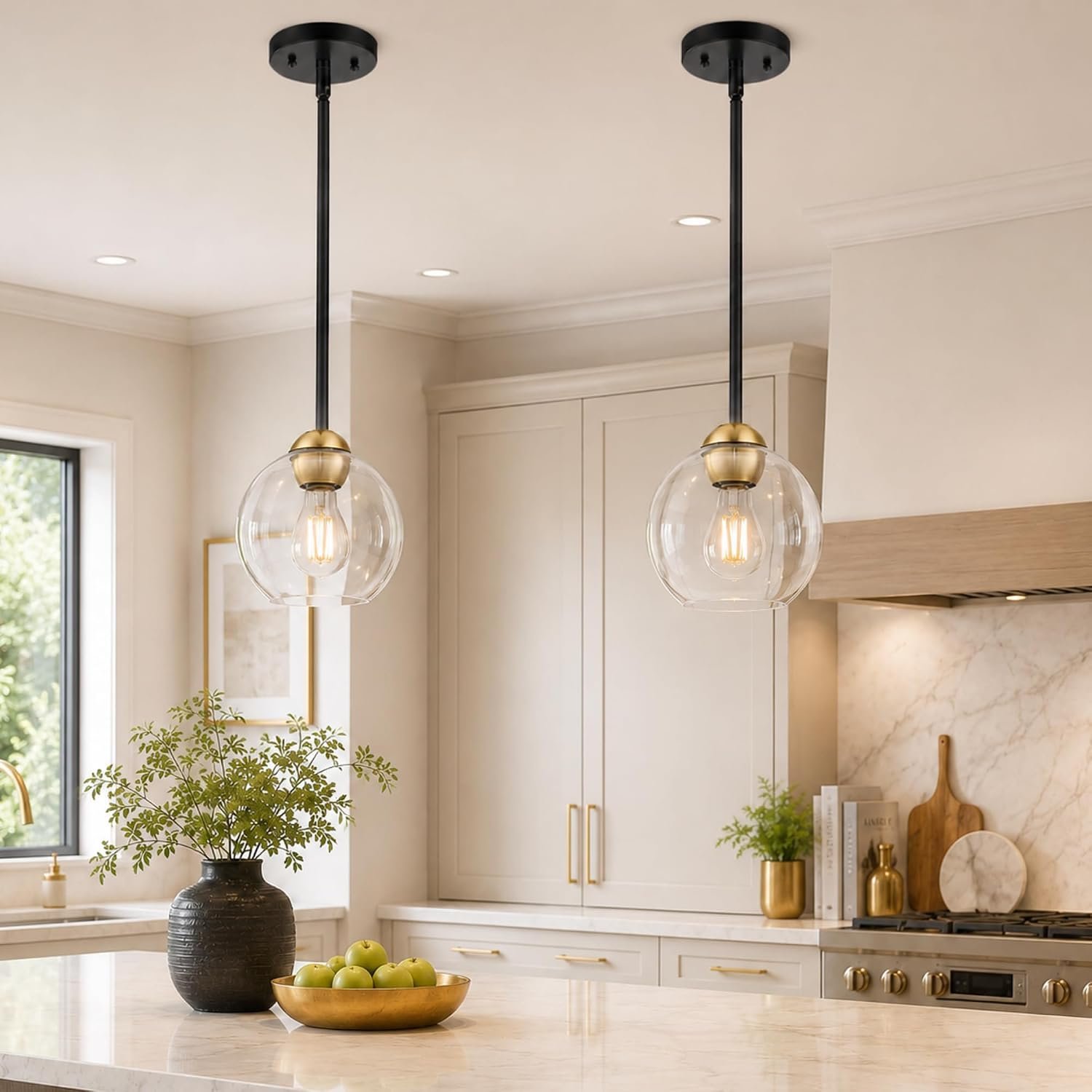 Emak 2 Pack Black and Gold Pendant Light Fixtures, Modern 7 Inch Globe Pendant Lights Kitchen Island with Clear Glass Shade, 1 Light Hanging Lights for Kitchen, Bedroom, Bathroom, PL119-BKBGD-2PK