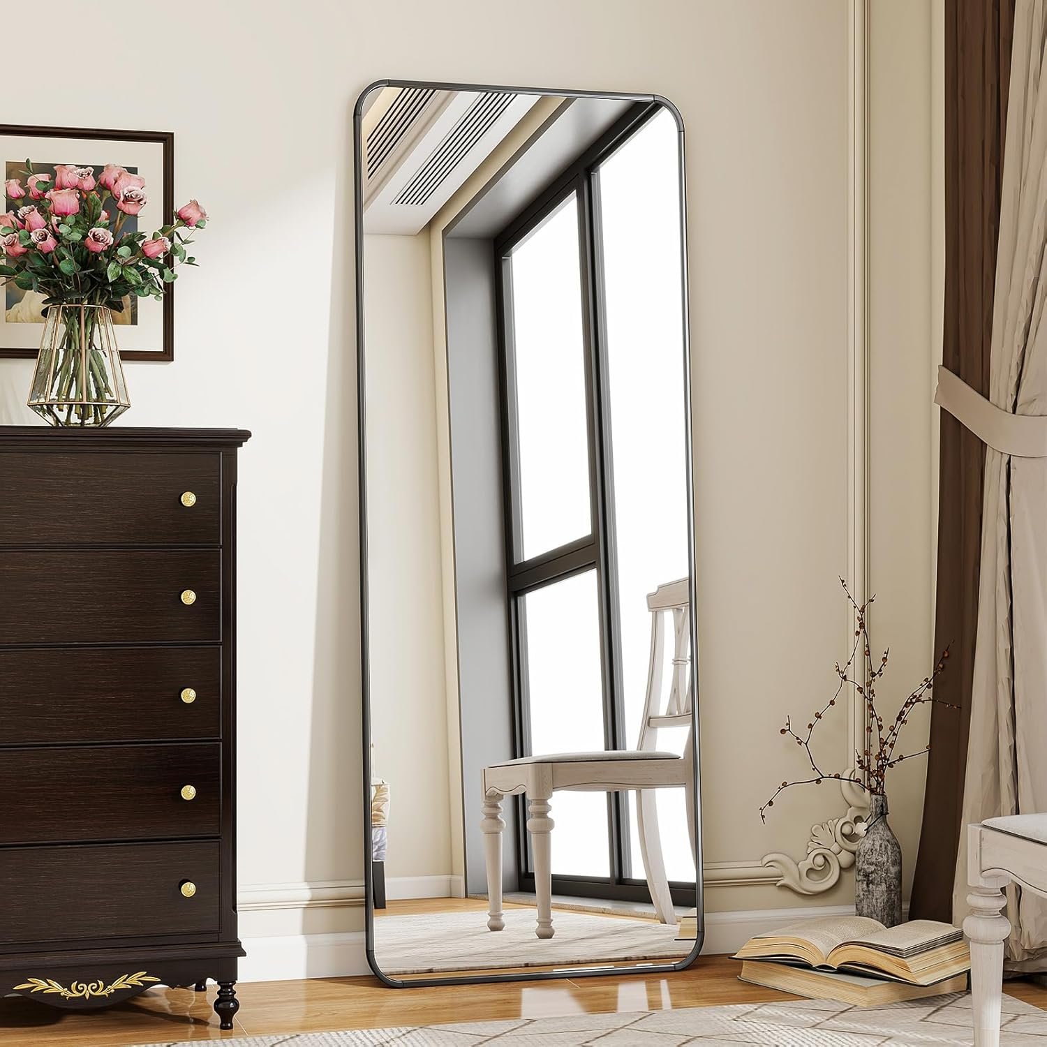 BEAUTYPEAK Black Full Length Mirror, 56″x21″ Rounded Corner Floor Mirror Standing Hanging or Leaning Against Wall, Suitable for Bedroom or Dressing Room | Aluminum Alloy Frame with Standing, Leaning, or Wall-Mounted, Ideal for Bedroom, Dressing Room, Entryway, and Living Room