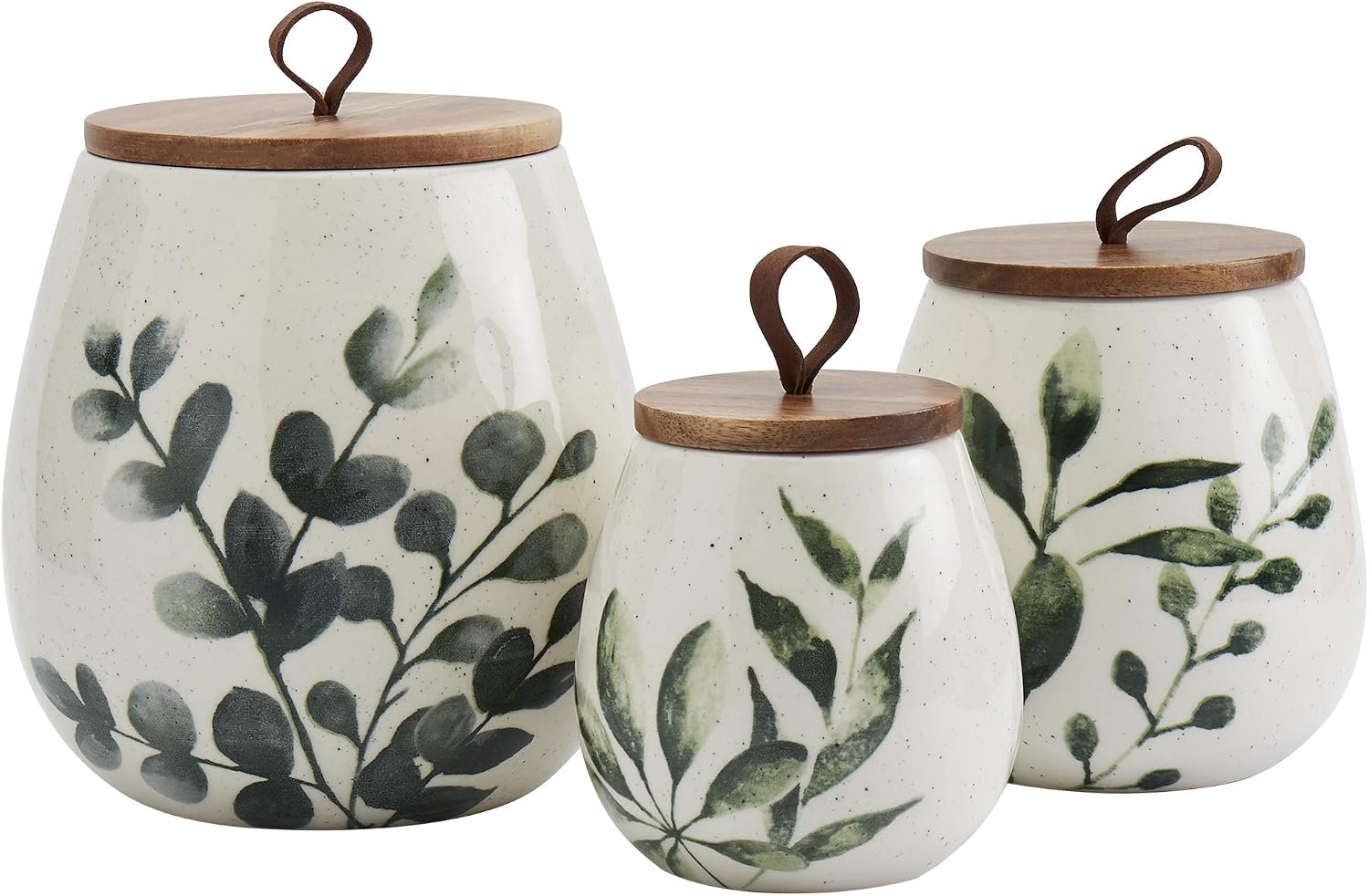 Tabletops Gallery Ceramic Canister Collection- Stoneware Designed Kitchen Storage Acacia Wood White Set, 3 Piece Green Leaf Canister Set