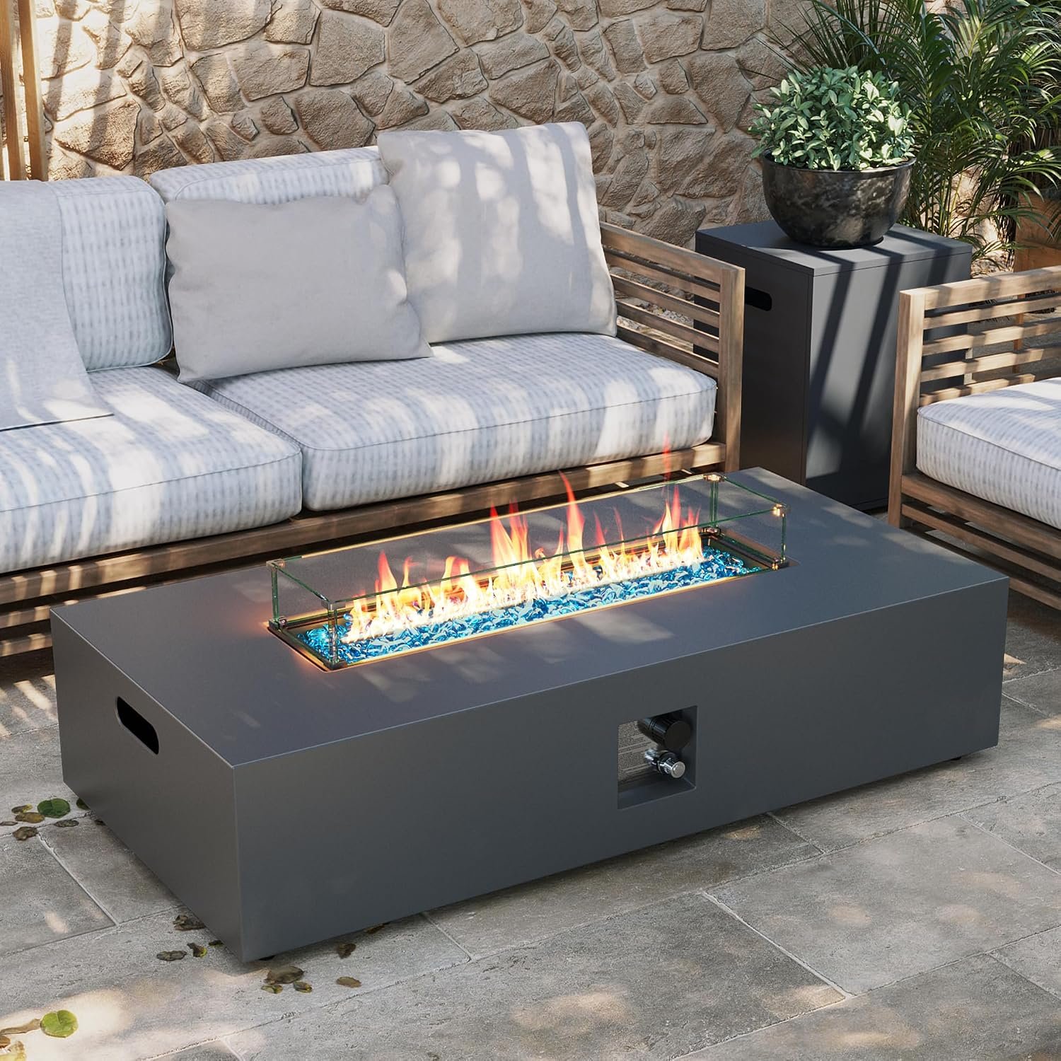 UPHA 56-inch Outdoor Propane Gas Fire Pit Table, Grey | 50000 BTU Iron Rectangle Firepit with Tank Hidden Table, Wind Guard, Removable Lid, Blue Glass Rocks, Rain Cover