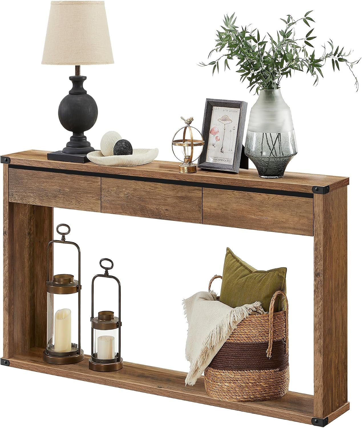 VASAGLE LIRY Collection – Sofa Console Table, 47.2 Inches Narrow Entryway Table with 3 Drawers, Bottom Shelf, Metal Corners, for Living Room, Bedroom, Farmhouse Style, Honey Brown ULNT143KB01S