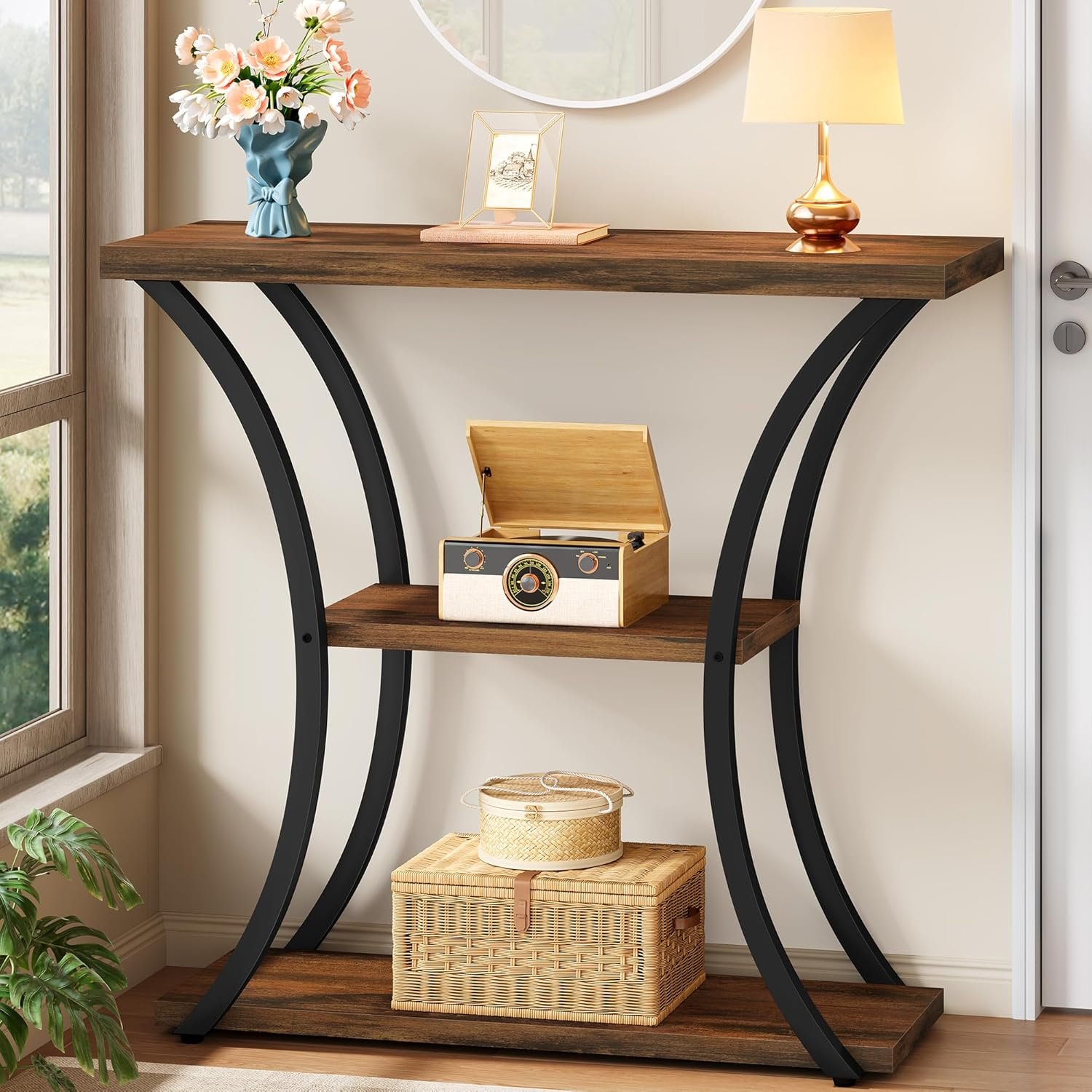 Hoctieon 3 Tier Console Table with Open Wood Shelves, Decorative Entryway Table with Curved Metal Frames, Narrow Sofa Table for Entrance, Living Room, Hallway, Rustic Brown+Black