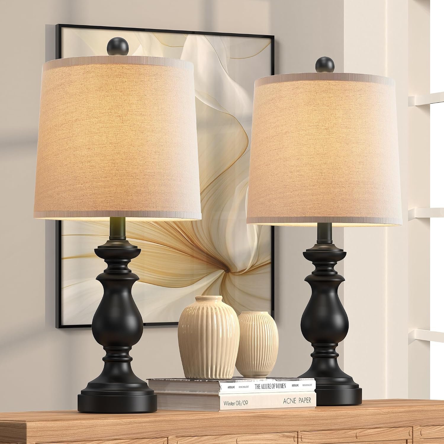 Traditional Table Lamp Set of 2, Rustic Farmhouse Table Lamps for Living Room Bedroom, 22″ Bedside Desk Lamps Vintage Nightstand Lamps with Linen Shades, Black
