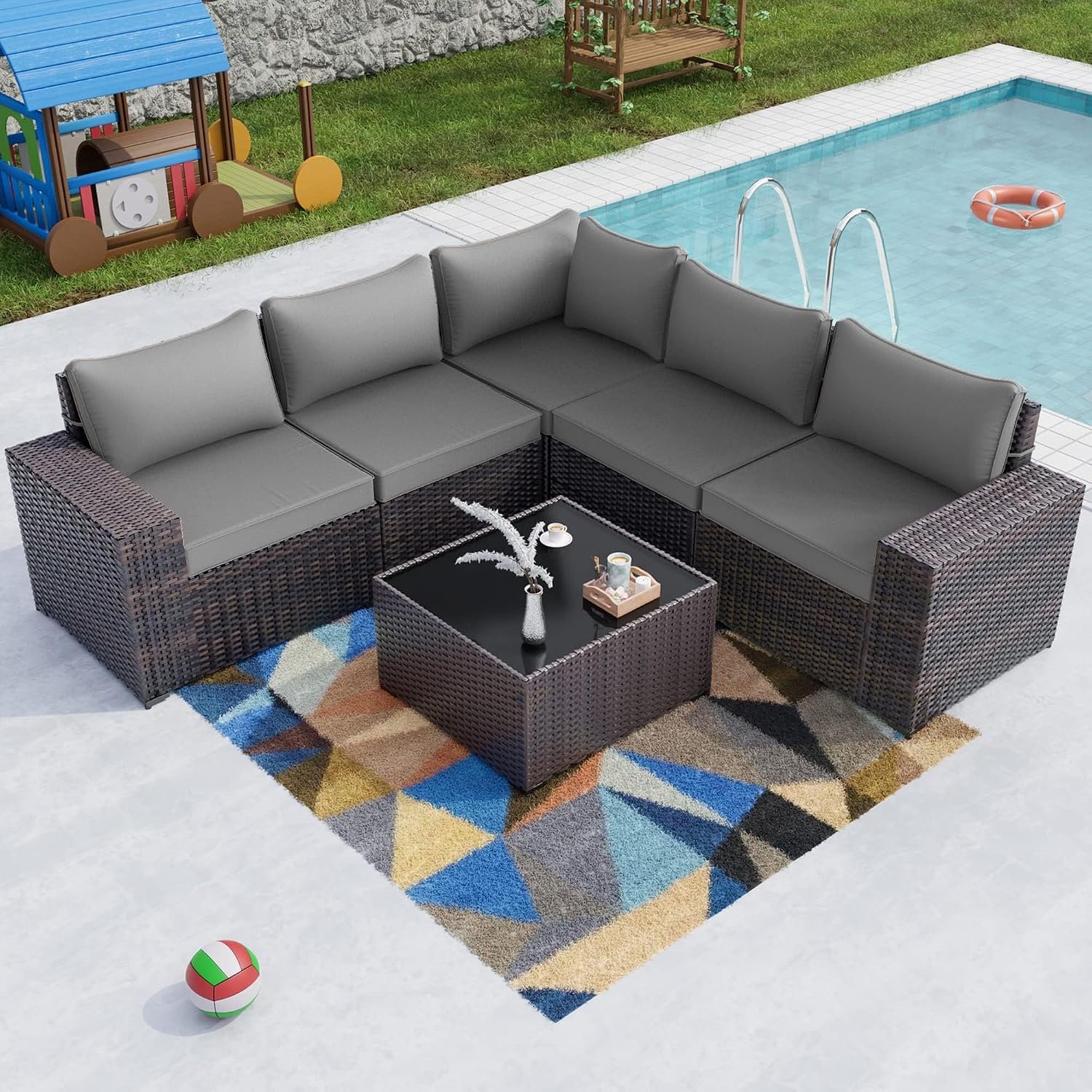 6PCS Outdoor Patio Furniture Set PE Wicker Rattan Sectional Sofa | Patio Conversation Set with 4″ Thickened Cushions and Coffee Table, All-Weather PE Rattan for Garden,Backyard,Porch,Grey