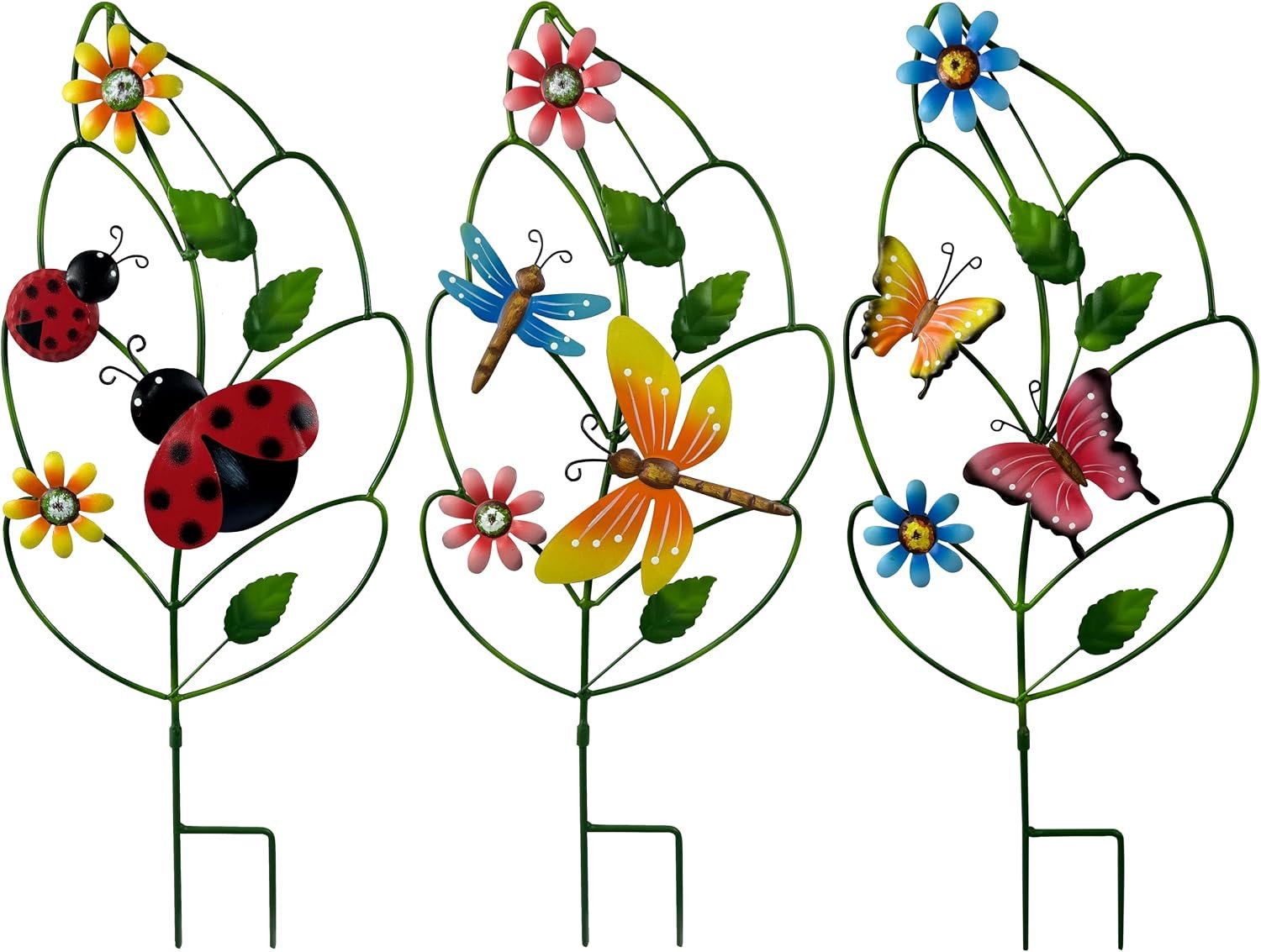 Metal Garden Stakes Set of 3 – Leaf Shaped Plant Support with Butterfly, Dragonfly & Ladybug, Whimsical Yard Art Garden Decorations for Outdoor Lawn Patio Pathway