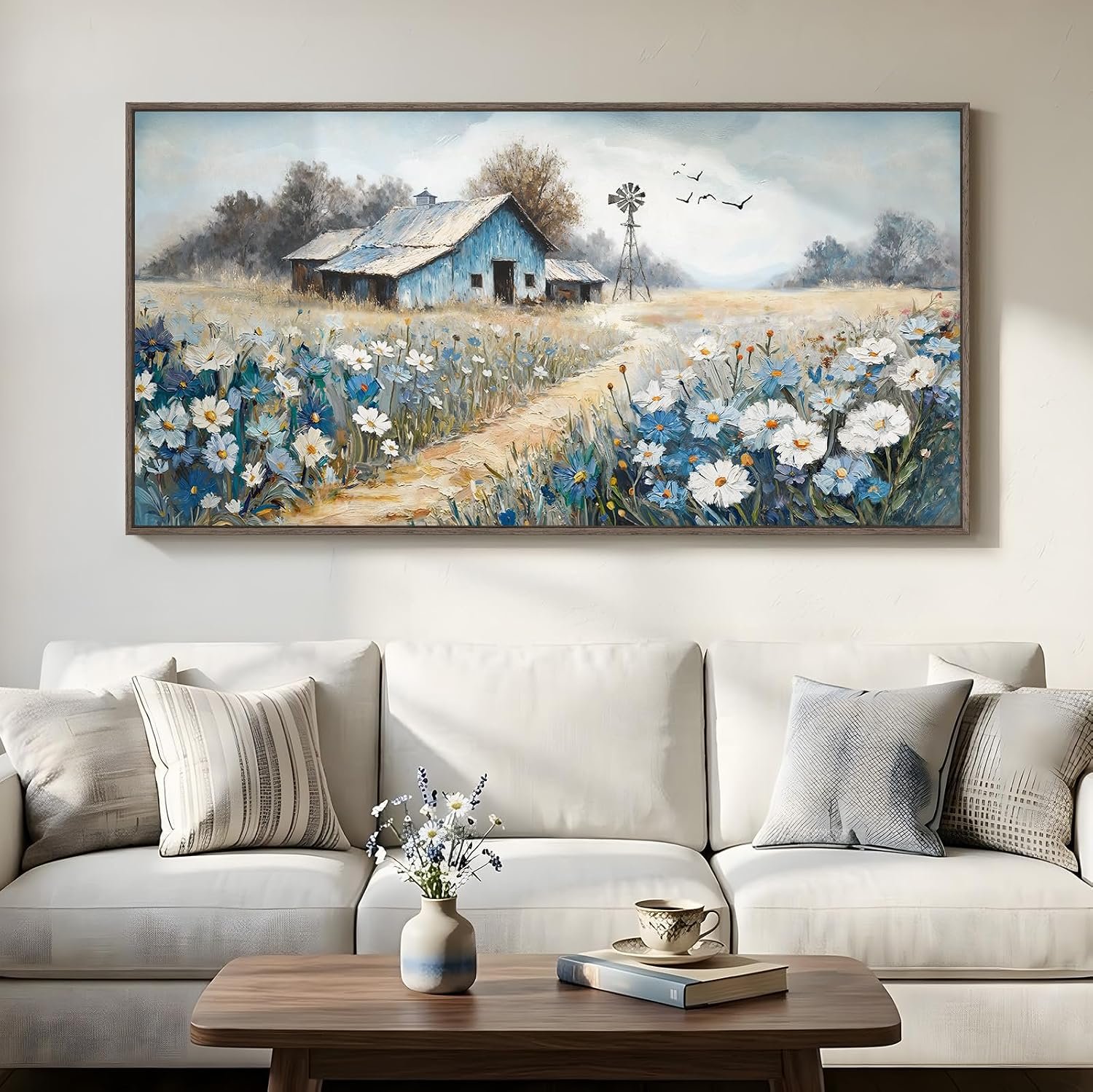 Large Farmhouse Blue Wall Art for Living Room, Framed Rustic Country Landscape Canvas Prints, Vintage Horizontal Pictures for Bedroom Dining Room Hallway Wall Decor 30×60 In