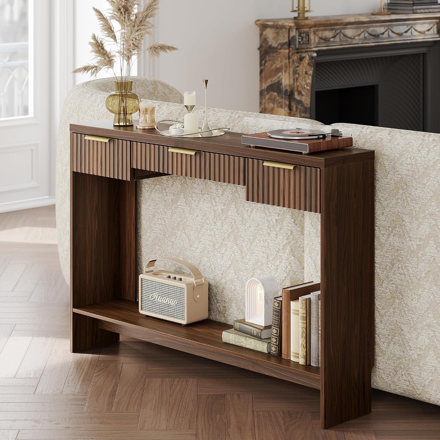 Console Sofa Table，3 Drawer Entryway Table with Open Storage Shelf, Narrow Long Behind Couch Sofa Table for Living Room，Black Walnut