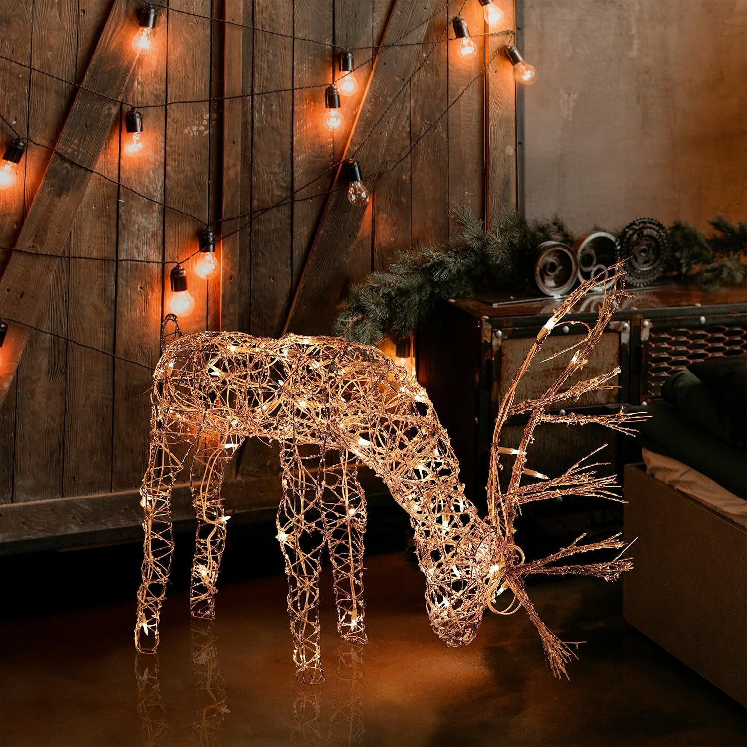 Alpine Corporation 24″ Tall Outdoor Rattan Grazing Reindeer Lawn Decoration with White LED Lights, Indoor/Outdoor Christmas Holiday Yard Decor Garden Display