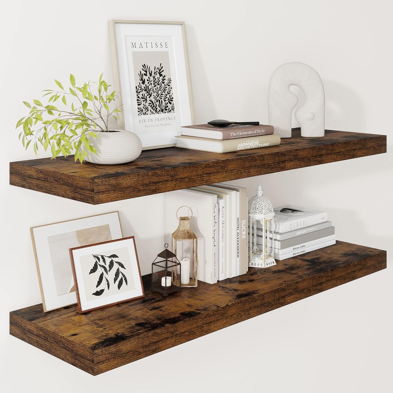 Vivelove Deep Floating Shelves 36×12” Set of 2, Rustic Brown | Easy Install With Hardware, 2″ Thick, Invisible Brackets, Wall Mounted, No Sagging, For Any Room