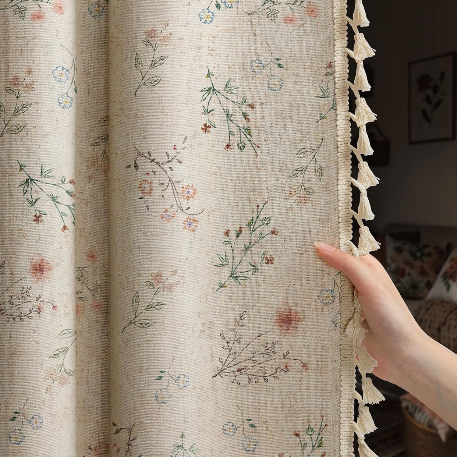 Boho Floral 100% Blackout Curtains 84 Inch 2 Panels Linen Texture | Farmhouse Vintage Cottage, Beige Tassels, Rod Pocket, Bedroom, Living Room, Window Treatment, Room Darkening, Drapes