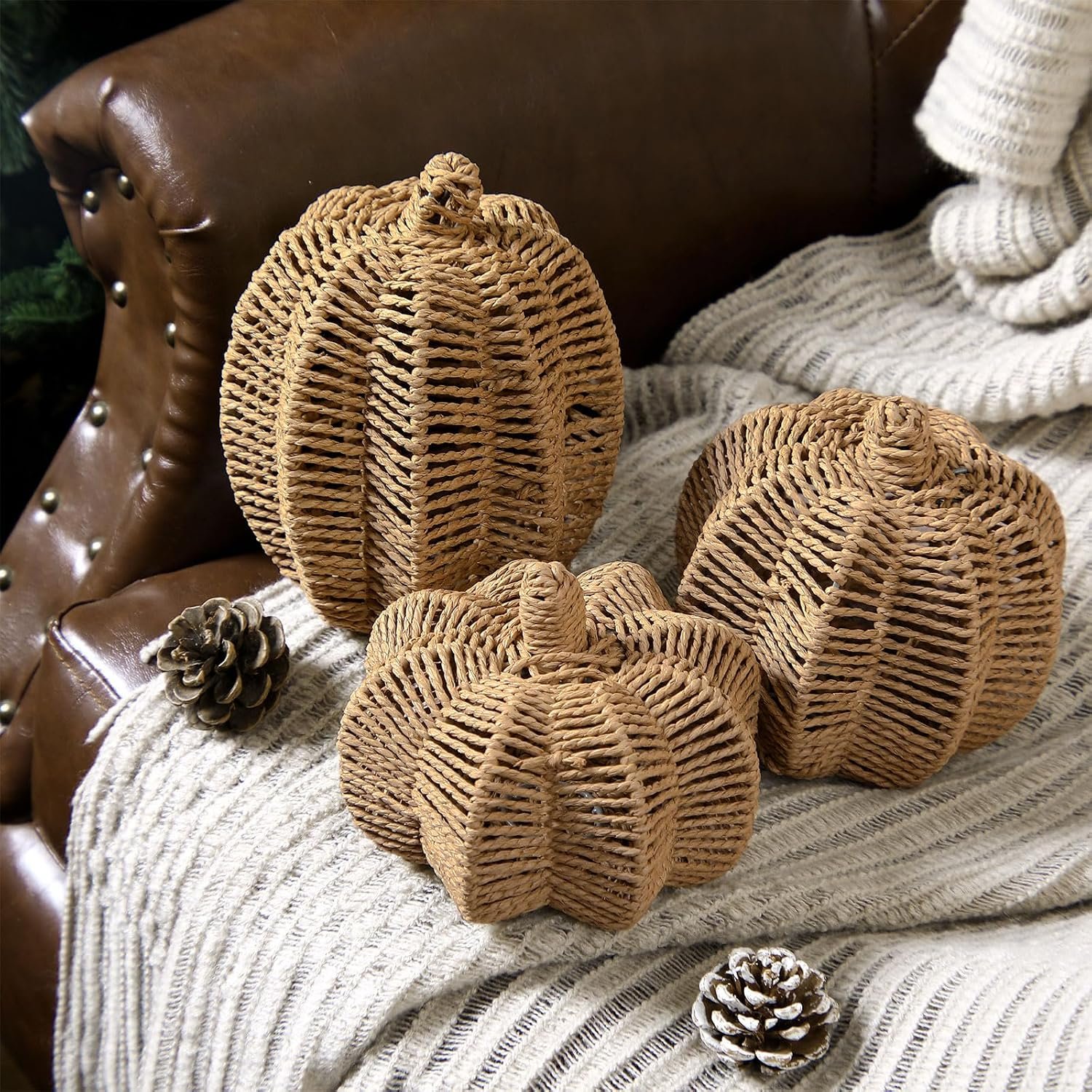 3 Pcs Neutral Fall Decor Wicker Rattan Pumpkins 3 Sizes Faux Woven Pumpkin Centerpiece Handmade Crafts for Autumn Thanksgiving Harvest Table Runner Mantel Home Office Party Decor