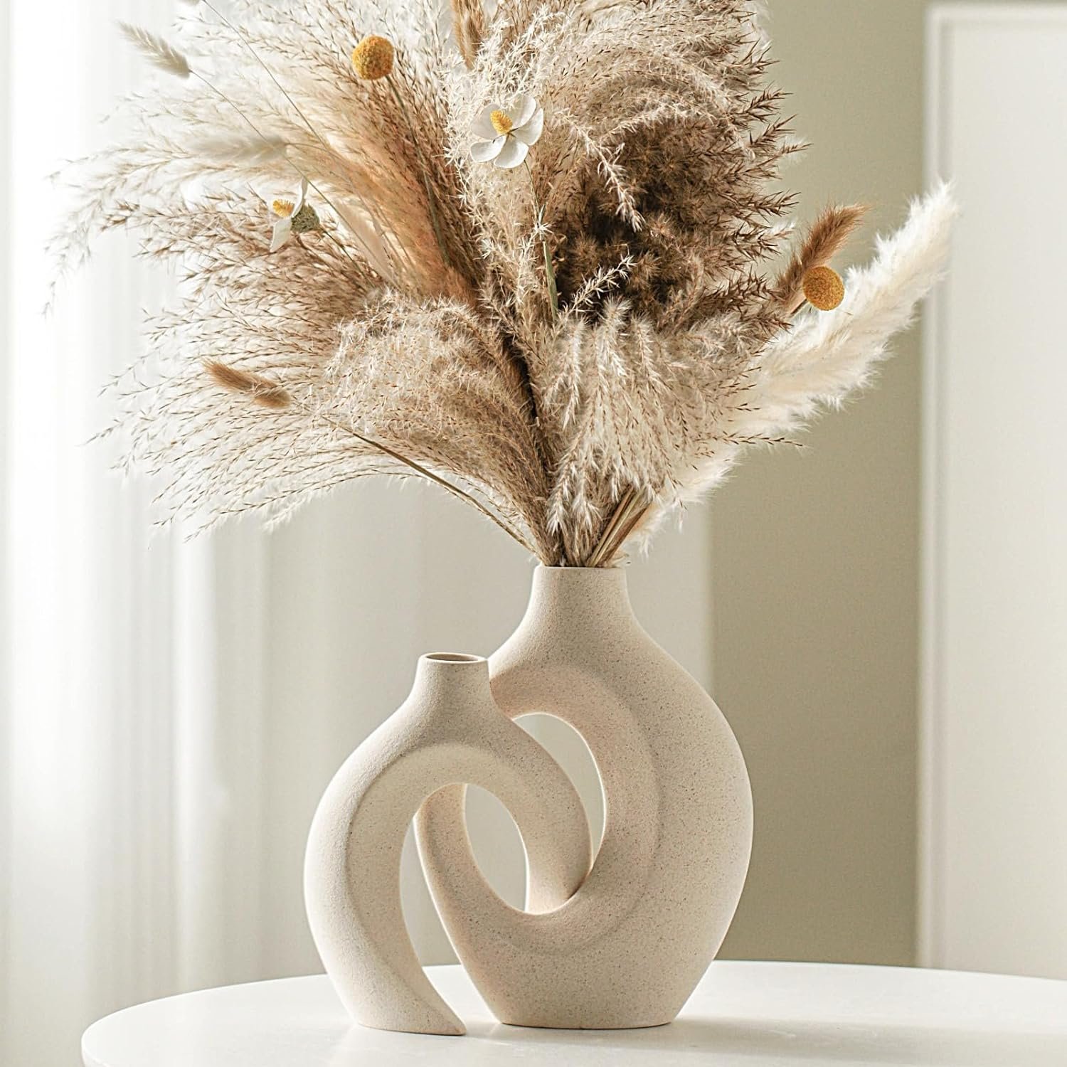 Lvases Snuggle Hollow Ceramic Vase Set of 2, Boho Home Decor for Tabletop | Modern Nordic flower vase for pampas grass, decorative coffee-table centerpiece for living room, 6.3 x 8.4 in, milky white