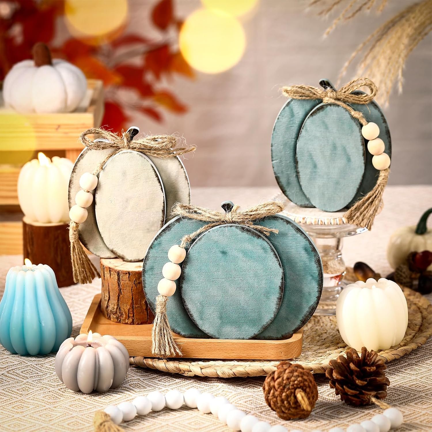 Cinnvoice 3 Pcs Fall Pumpkin Decor Fall Wooden Signs 3D Pumpkin Tabletop Signs Farmhouse Thanksgiving Tiered Tray Decorations for Home Harvest (Vintage,Vintage Colors,4.7 Inch)