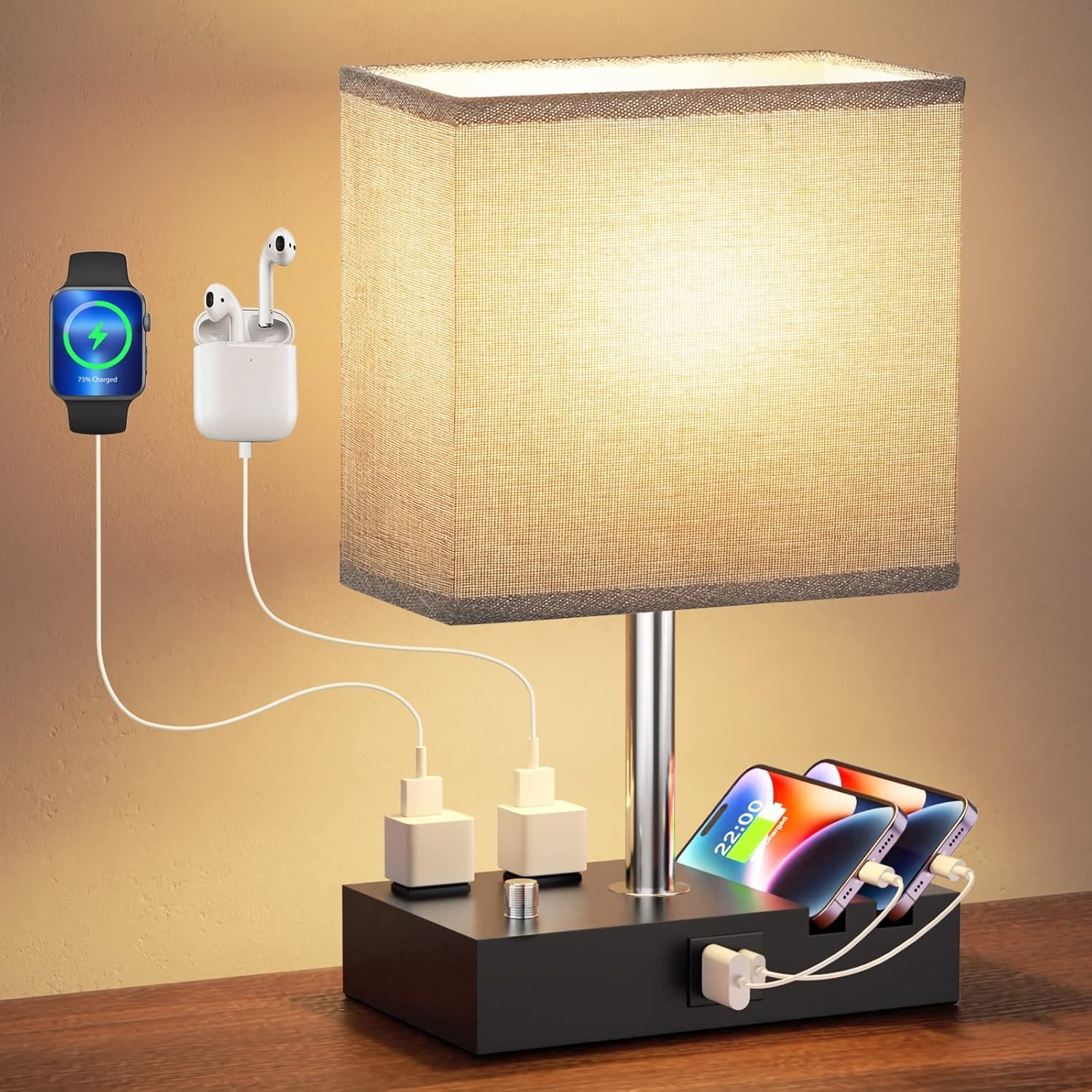 Bedside Table Lamp for Bedroom Nightstand – Stepless Dimmable, 2 AC Outlets | Dimming By Rotary Knob, USB C+A Ports, 2 Phone Stands, LED Bulbs Included, Rectangle Grey Fabric Shade, for Living Room, Desk