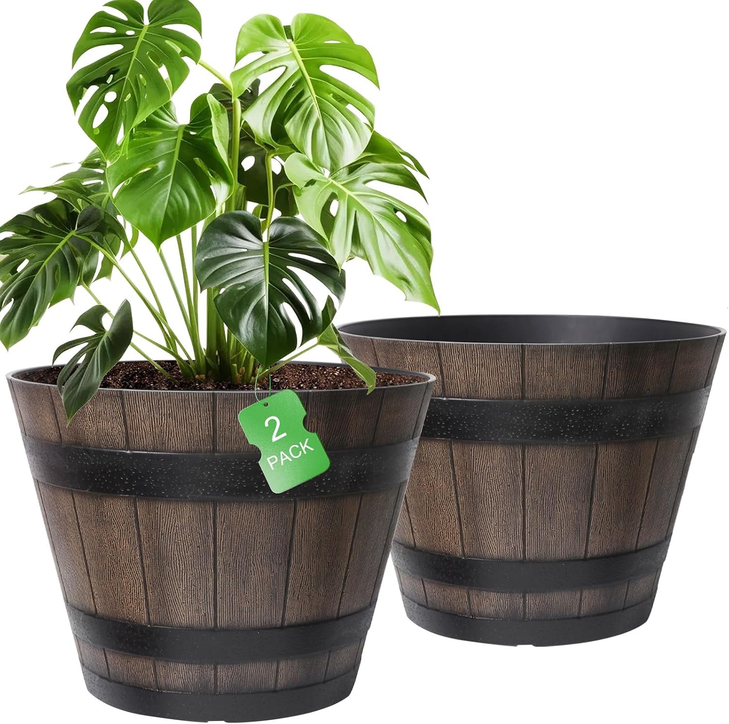 22.25 Inch Whiskey Barrel Planters 2 Pack, Large Plastic Pots Wood Design | Oversized Design for Large Plants,Realistic Whiskey Barrel Texture,Promotes Healthy Root Growth,Stable Outdoor Decoration