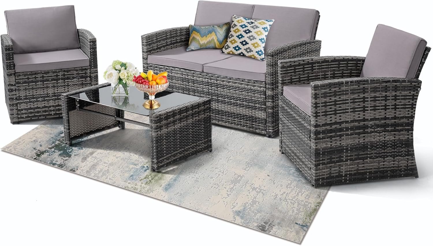 4 Piece Patio Furniture Set, Outdoor Wicker Conversation Set | Washable Cushions, 2 Armchairs + Loveseat Sofa + Coffee Table, Hand Woven UV Treated Wicker, Rustproof Steel Frame, Grey