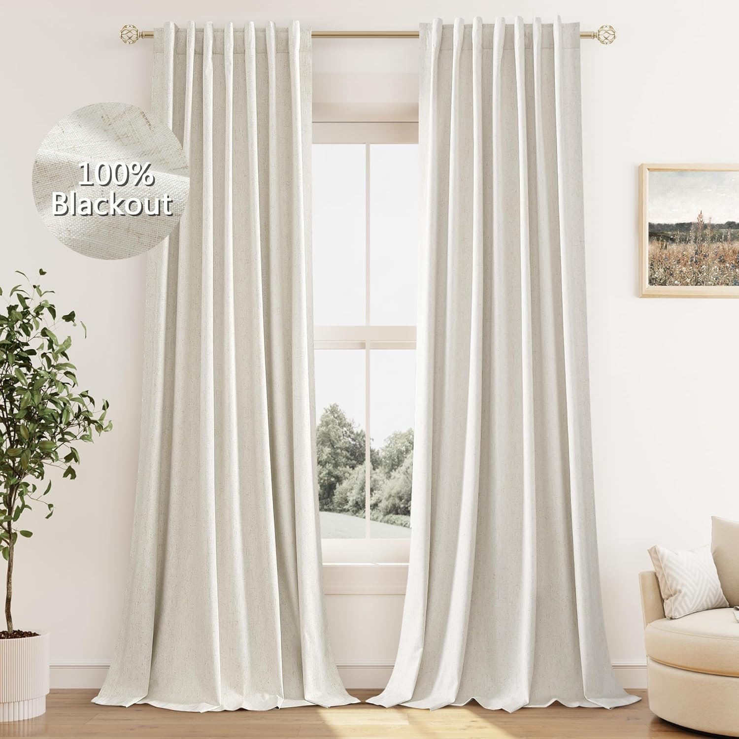 Cream Linen Blackout Curtains 84 Inch Length 2 Panels Set for Living Room Bedroom Back Tab Thermal Insulated 100% Black Out Drapes Room Darkening Window Curtain Ivory Natural Beige