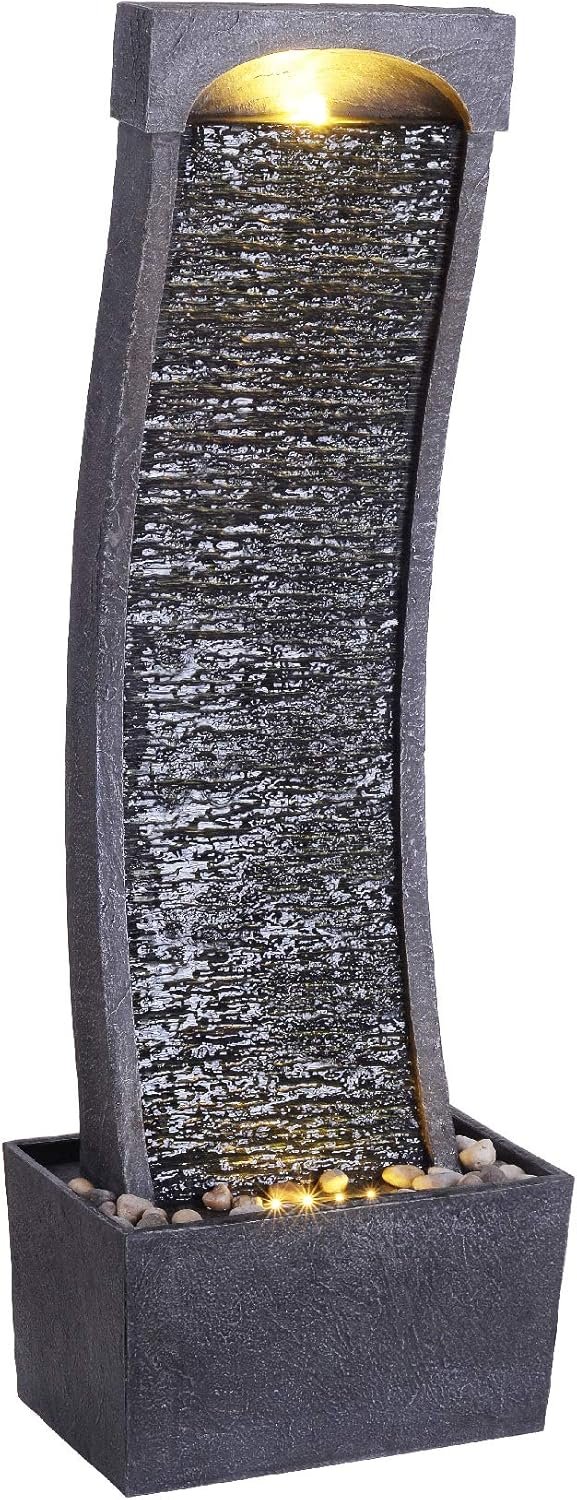 Teamson Home 38.58 in. Modern Curved Faux Slate Waterfall Fountain for Indoors or Outdoors with LED Light Accents and 1.98-Gallon Pump, Black and Stone Gray | Freestanding Floor Garden Waterfall, LED Lights, Weatherproof Polyresin, For Patio & Yard