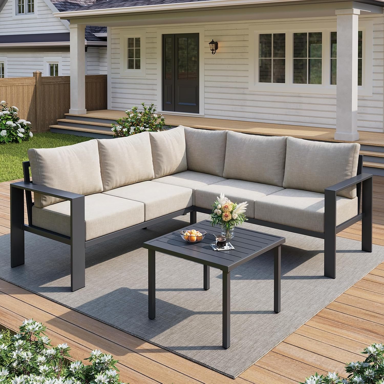 UDPATIO 6-Piece L Shaped Outdoor Sectional Sofa, 6″ Thick Cushion | Olefin Fabric Fade Resistant, Wide Armrest & Coffee Table, Metal Patio Furniture for Backyard Deck