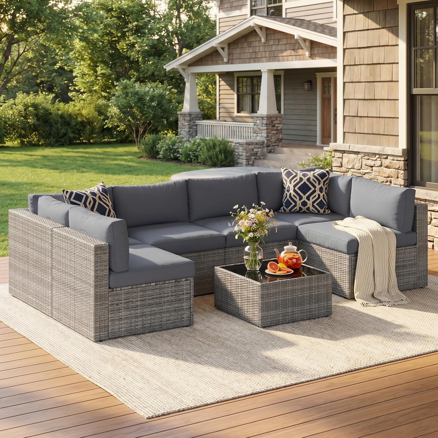 May in Color 7 Pieces Wicker Outdoor Patio Furniture Set | Patio Sectional Sofa with Coffee Table, All-Weather Outdoor Sectional Furniture for Garden Backyard, Grey