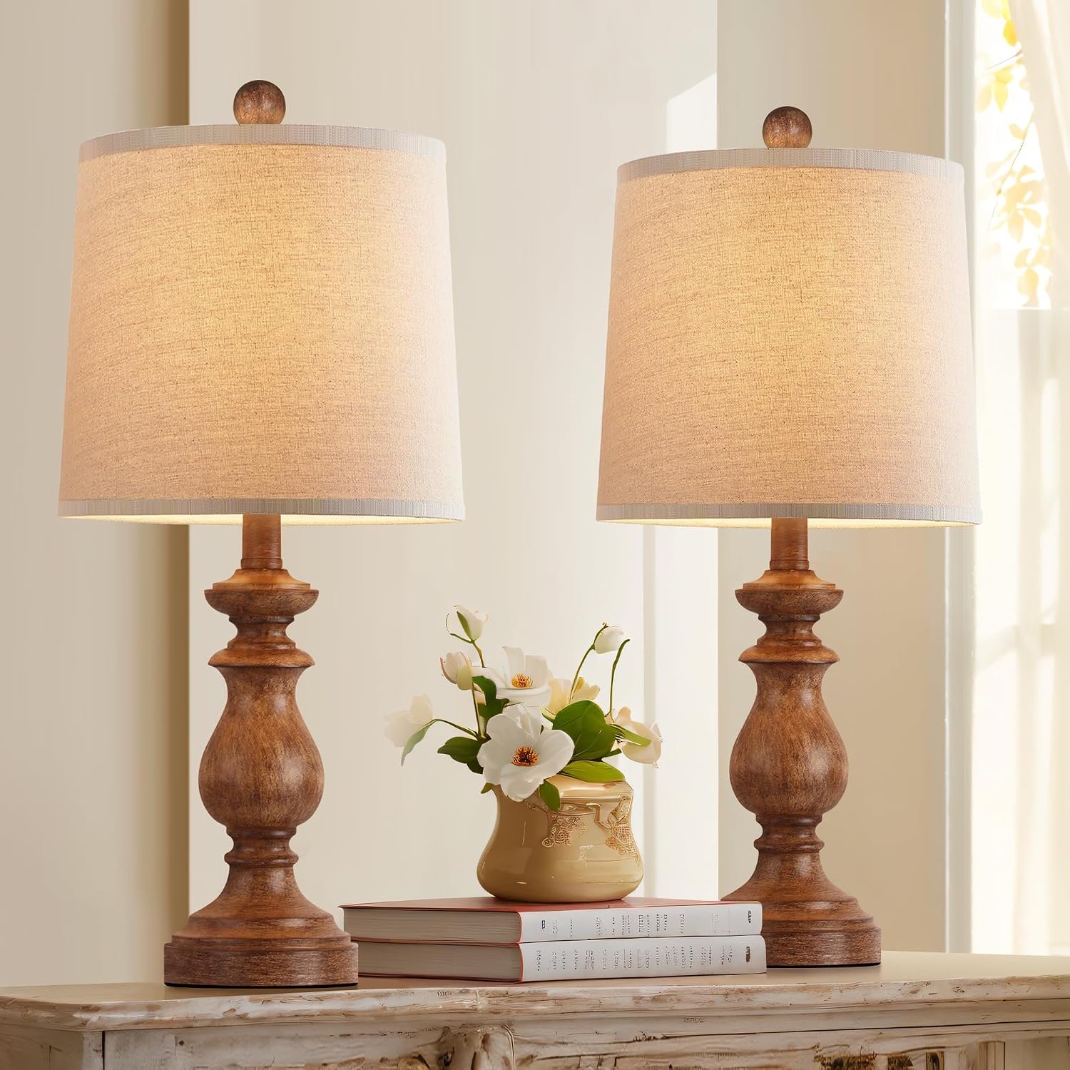 Traditional Table Lamp Set of 2, Rustic Farmhouse Table Lamps for Living Room Bedroom, 22″ Bedside Desk Lamps Vintage Nightstand Lamps with Linen Shades, Wood Grain