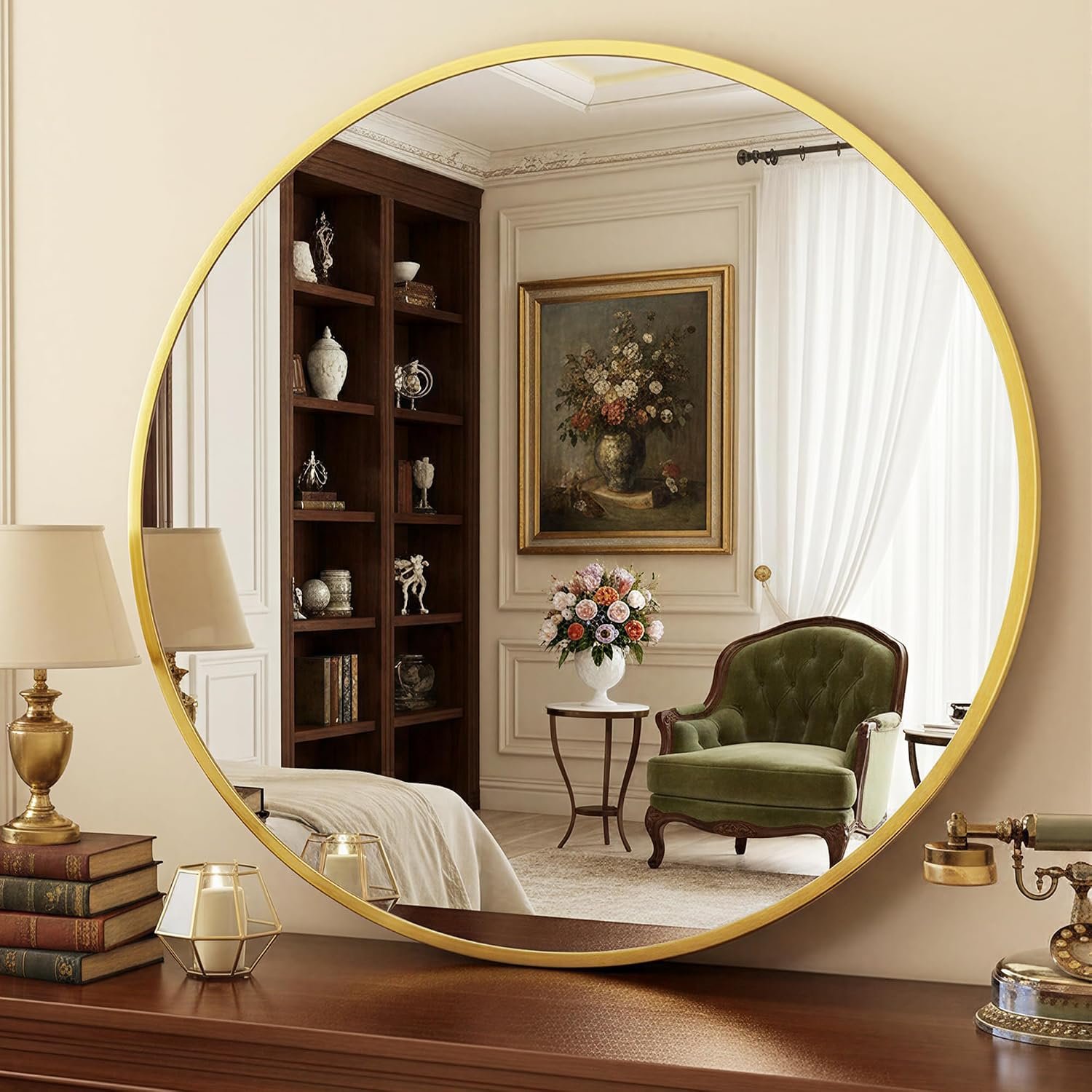 Antok 30 Inch Round Mirror for Wall, Round Bathroom Mirror, Circle Wall Mirrors with Gold Metal Frame, Circle Mirrors Suitable for Wall, Bathroom, Vanity, Living Room, Entryway