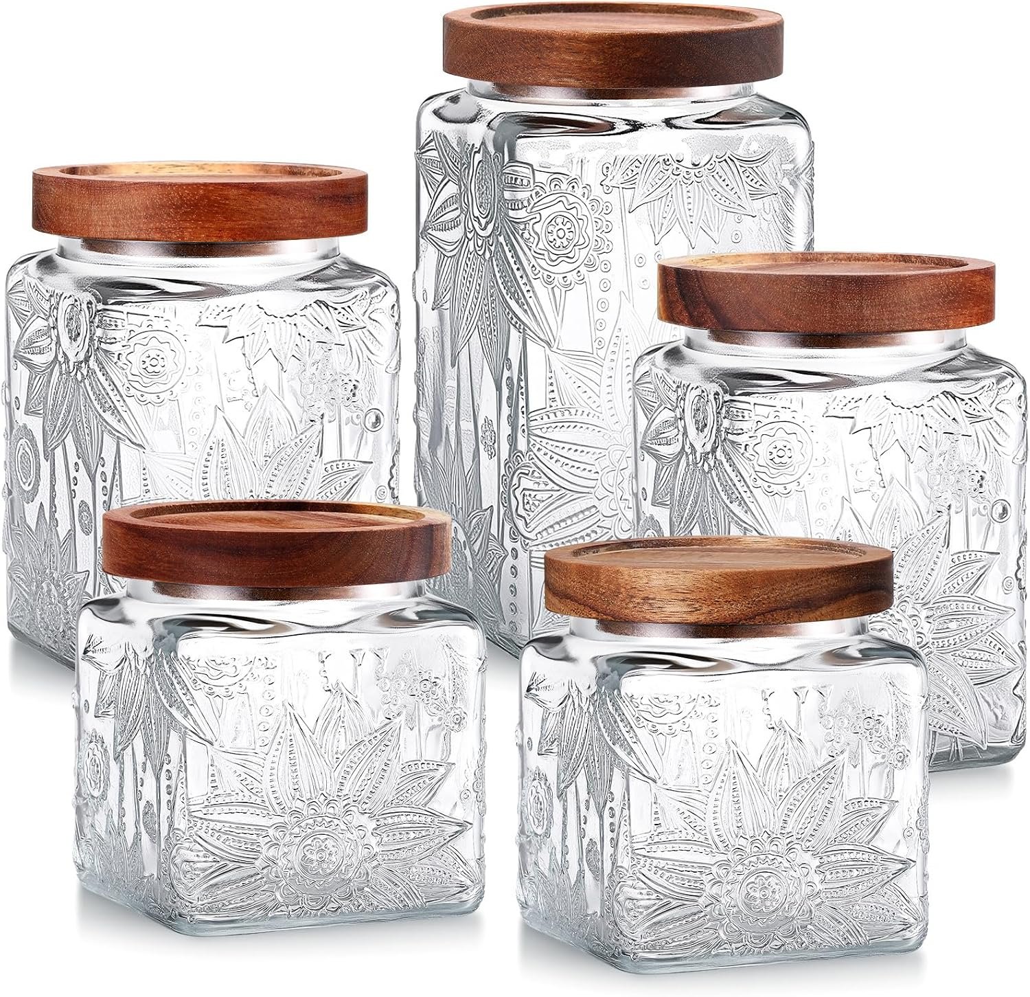 5 Pcs Sunflower Vintage Glass Jars with Bamboo Airtight Lid 17/24/34 oz Glass Food Containers Storage for Kitchen Counter Pantry Sugar Flour Coffee Tea Candy Oats Cereal(Square)